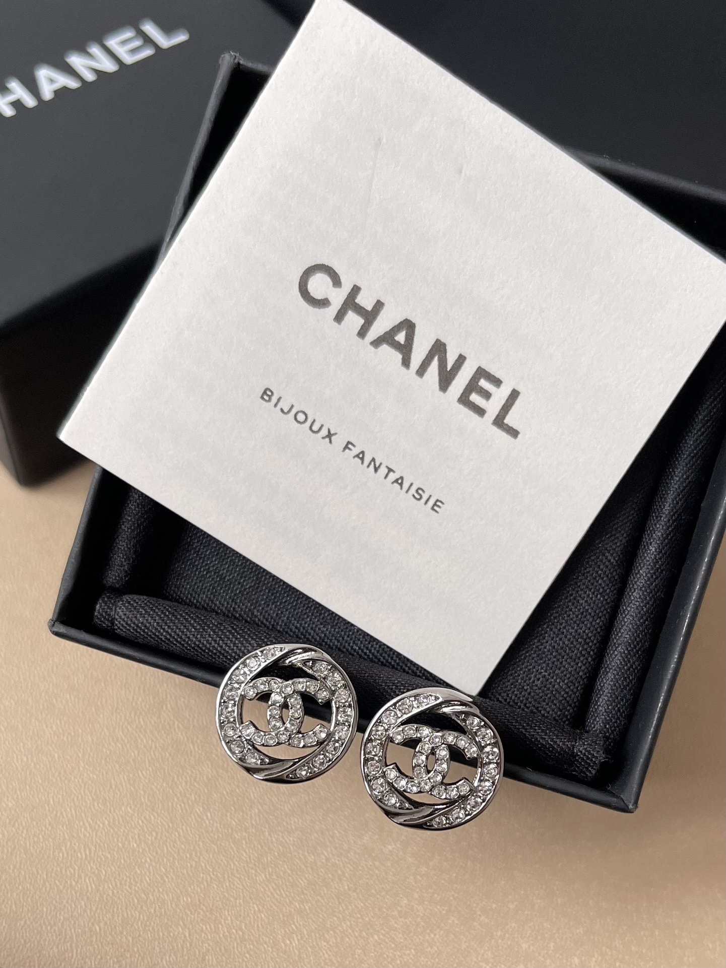 Chanel Silver CC Logo Round Crystal Stud Earrings - Luxury Jewelry