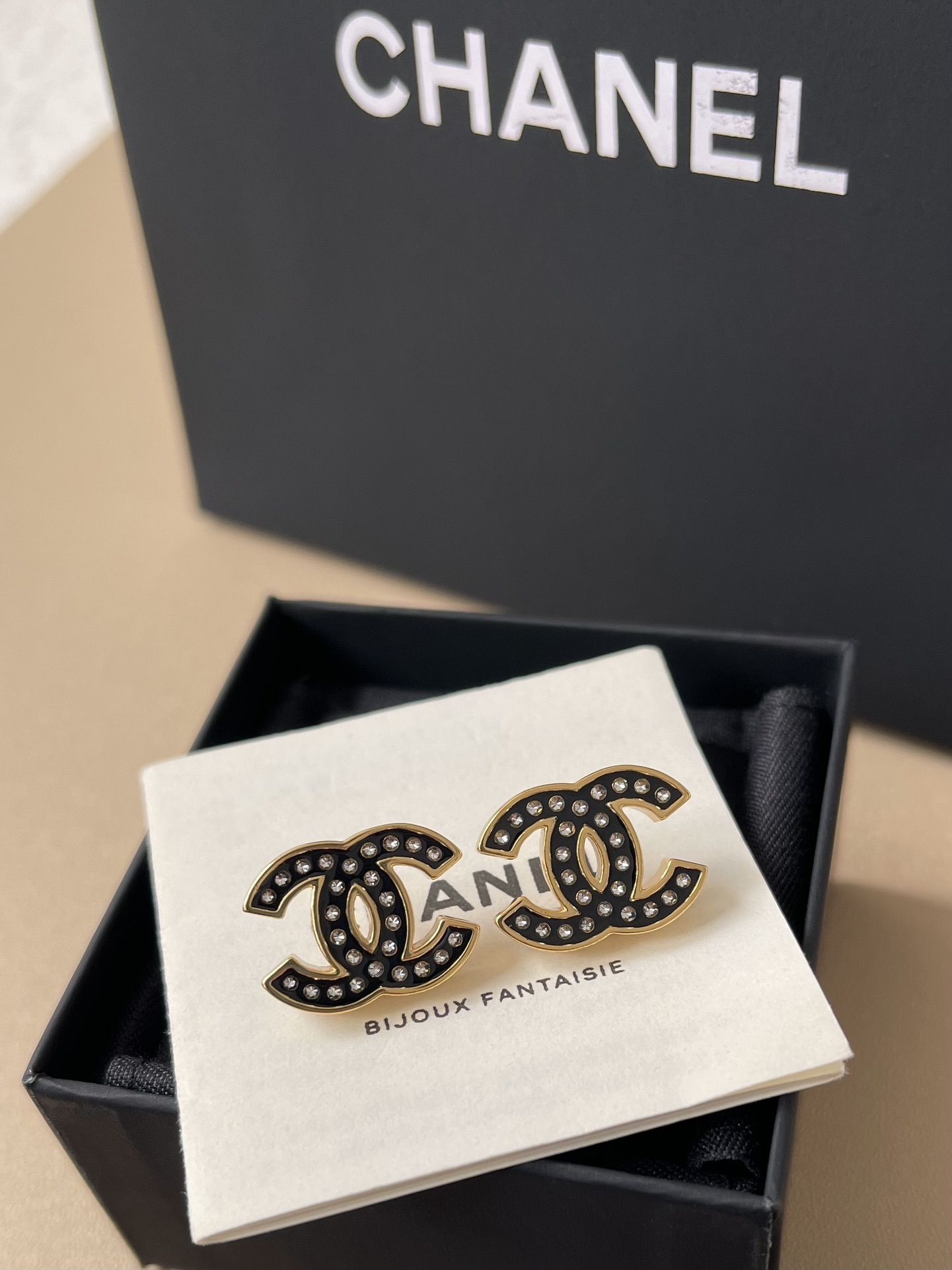 Classic Chanel CC Logo Earrings - Black Enamel Gold-Tone Studs