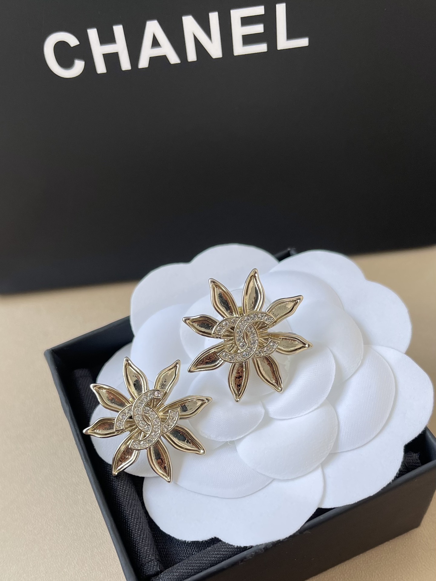 Chanel 25A Gold Sunflower CC Logo Crystal Stud Earrings