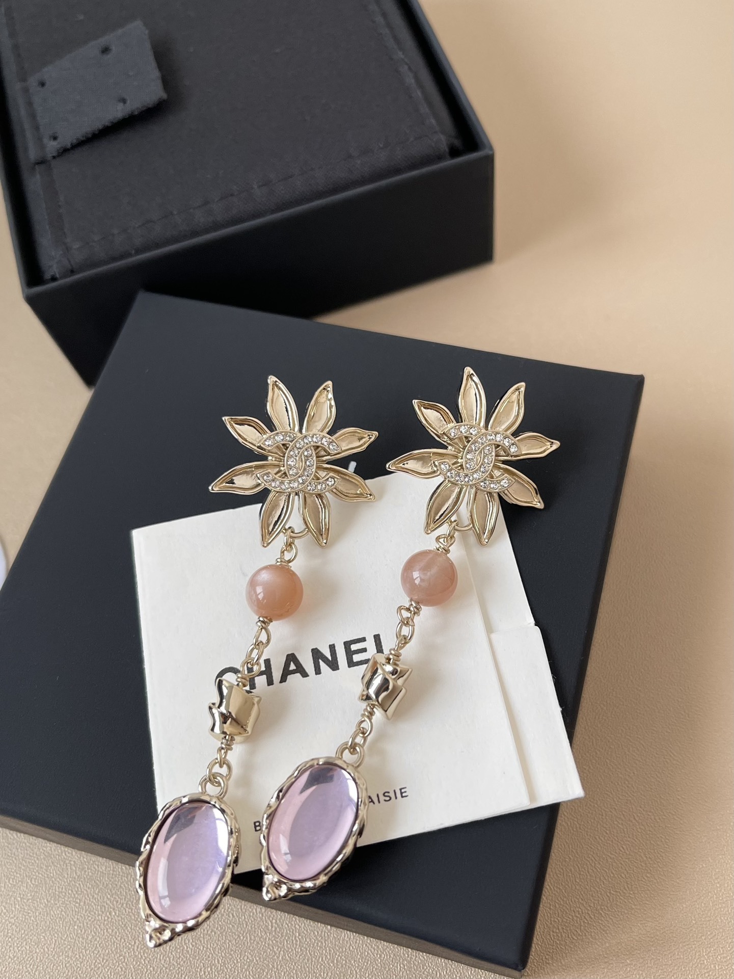 Chanel 2024/25 Métiers d'art Gold & Pink Crystal Drop Earrings