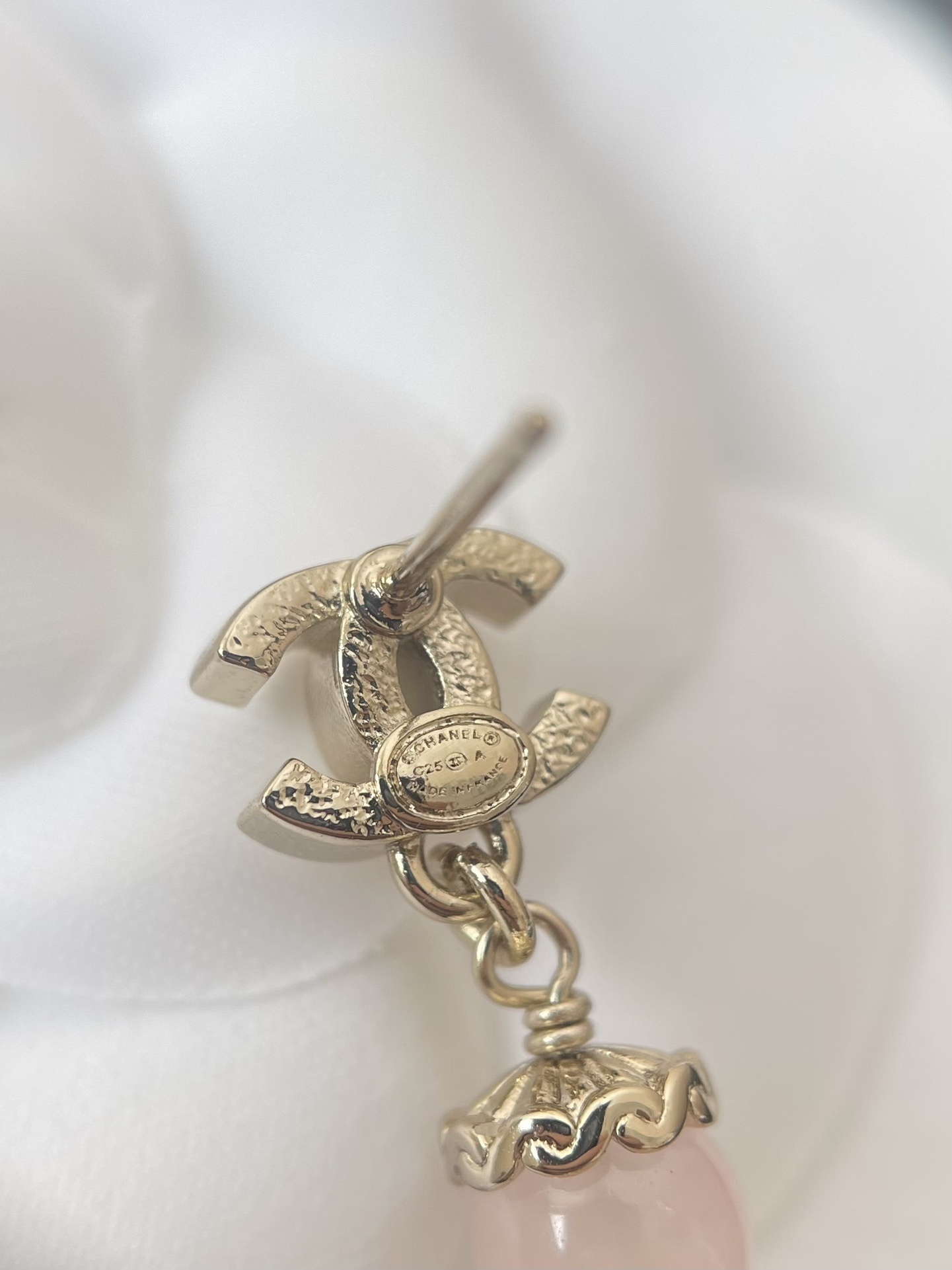 Luxury Chanel CC Logo Gold Tassel Earrings with Pink Gemstone