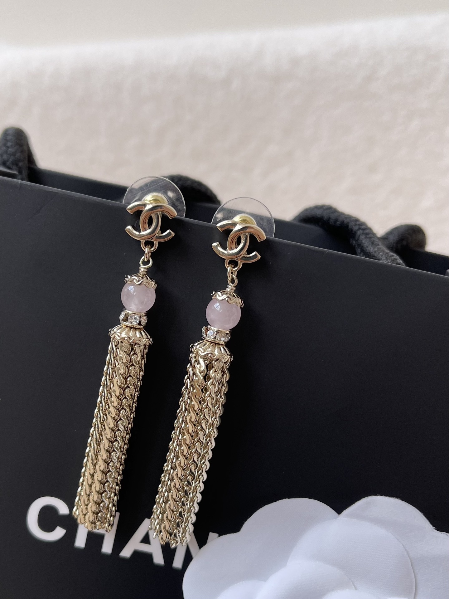 Luxury Chanel CC Logo Gold Tassel Earrings with Pink Gemstone