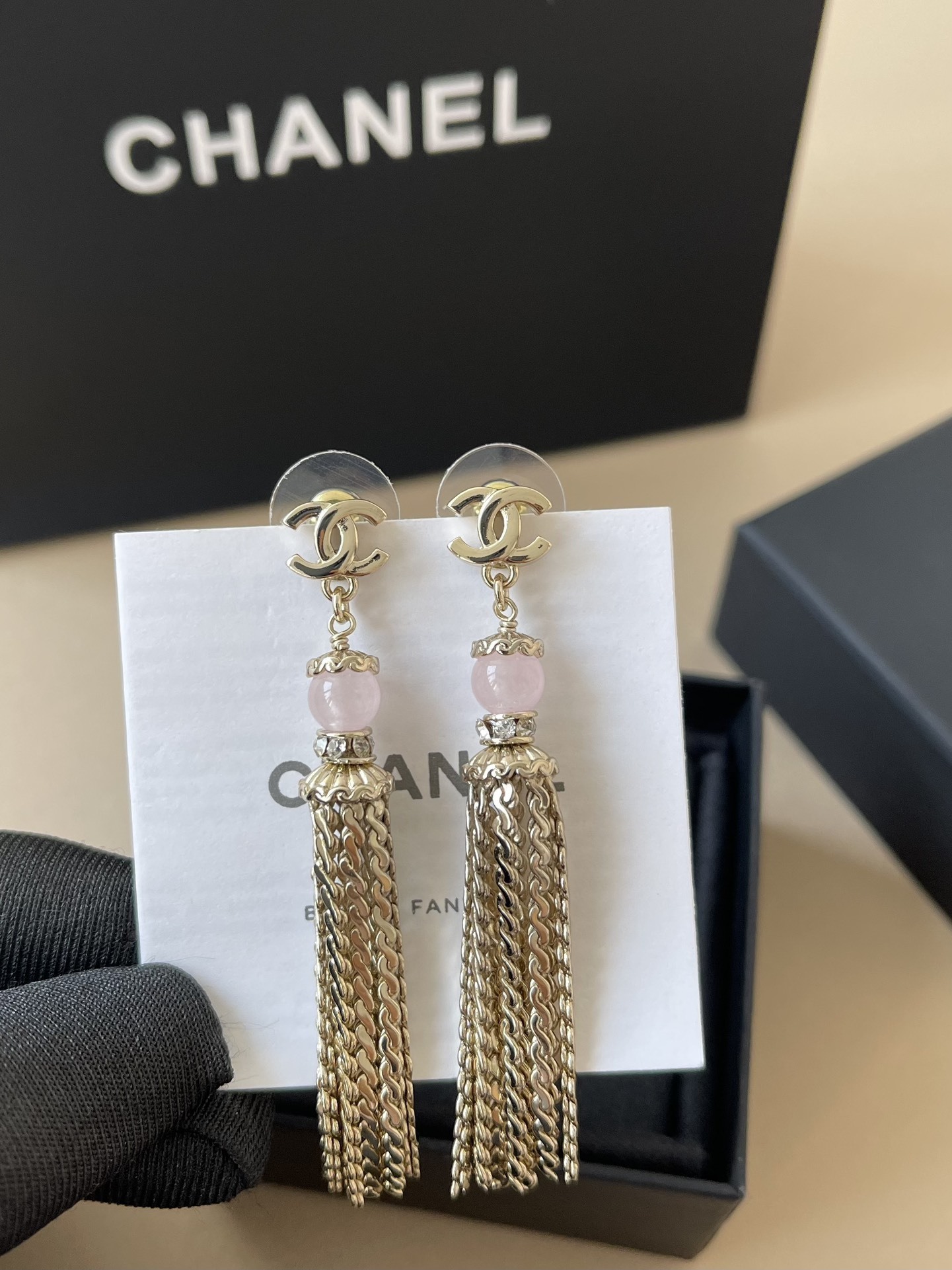 Luxury Chanel CC Logo Gold Tassel Earrings with Pink Gemstone