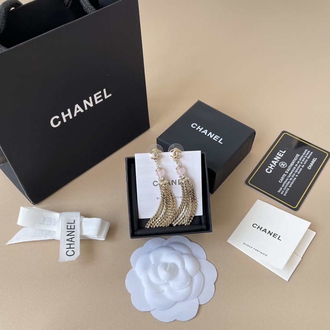 Luxury Chanel CC Logo Gold Tassel Earrings with Pink Gemstone