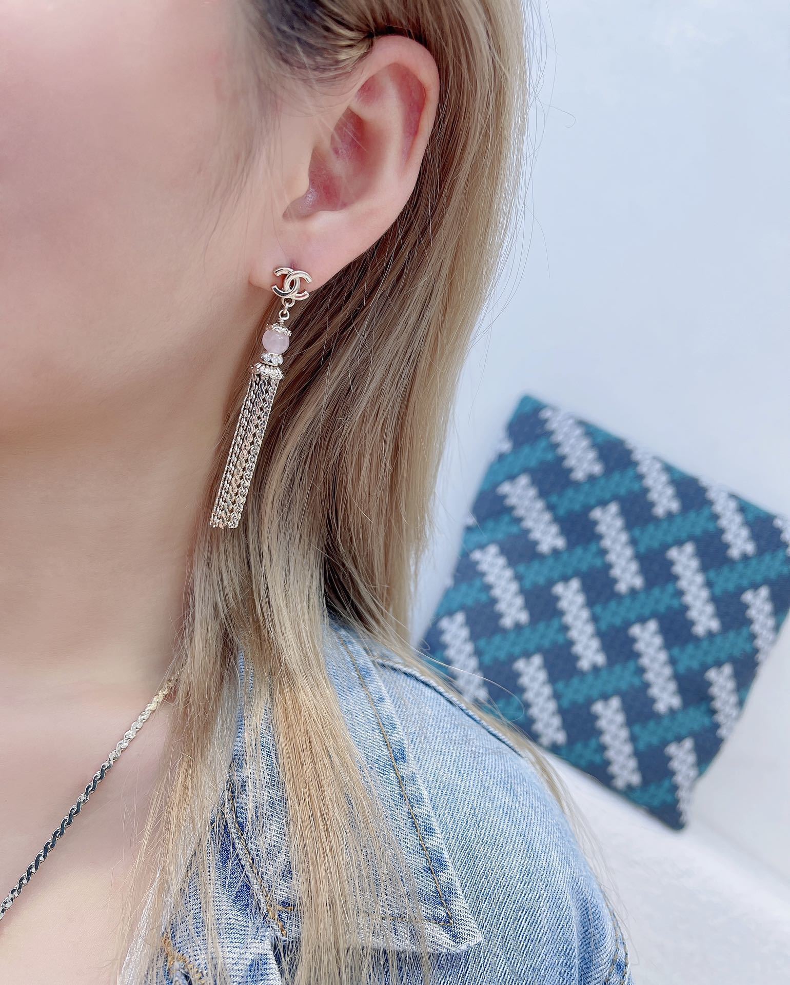 Luxury Chanel CC Logo Gold Tassel Earrings with Pink Gemstone