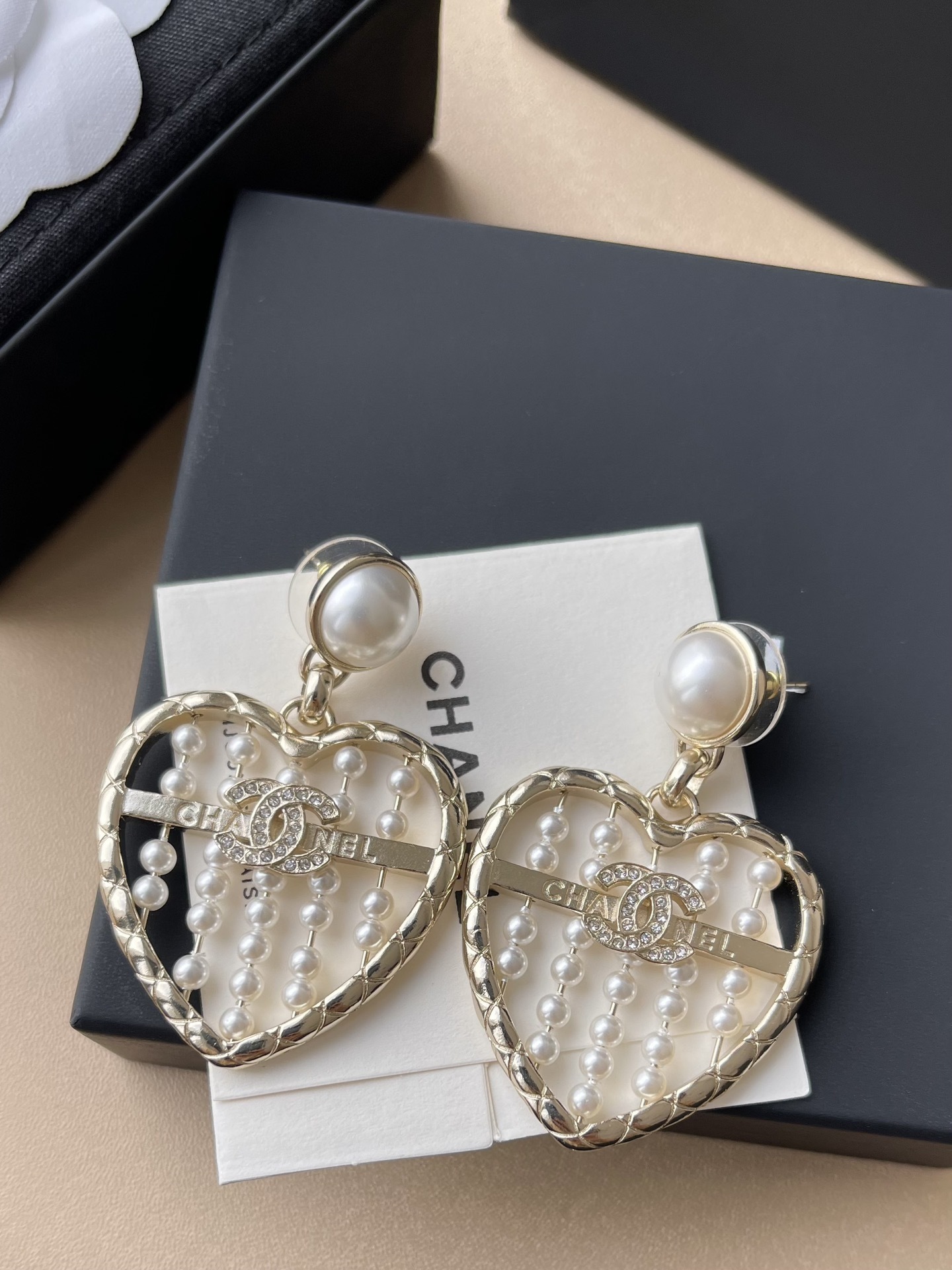 Chanel Heart Pearl Earrings with Crystal CC Logo - Gold Tone