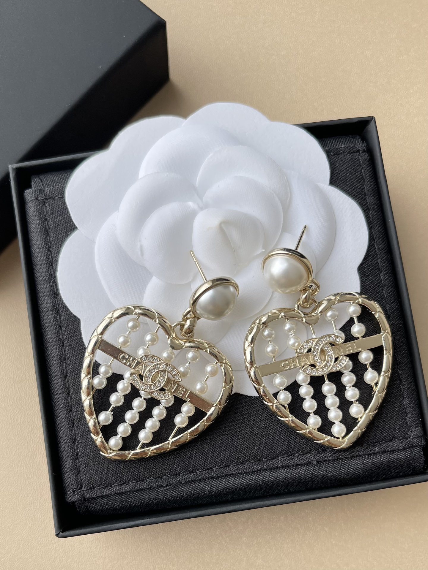 Chanel Heart Pearl Earrings with Crystal CC Logo - Gold Tone