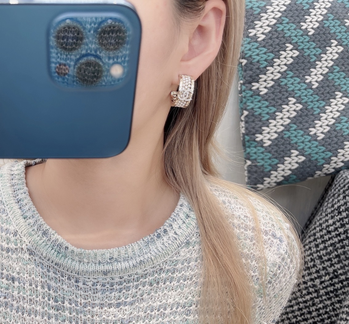 Luxury Gold CC Logo Pearl Hoop Earrings with Crystal Accents