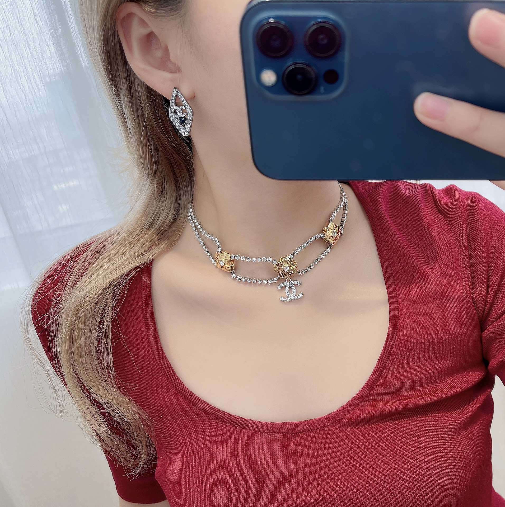 Luxury Diamond-Shaped Crystal CC Logo Stud Earrings