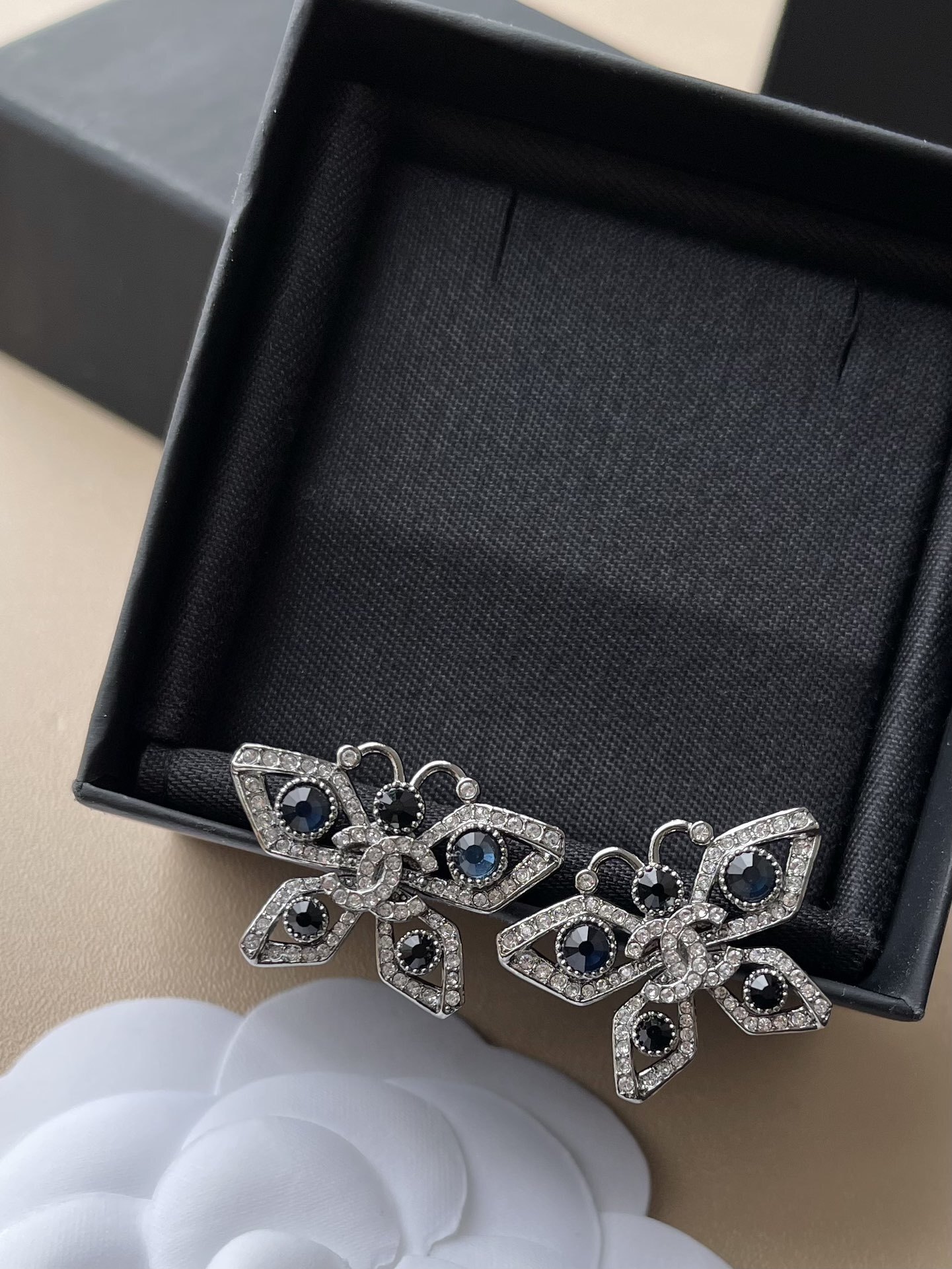 Chanel Butterfly CC Logo Earrings - Blue Crystal & Rhinestone Studs