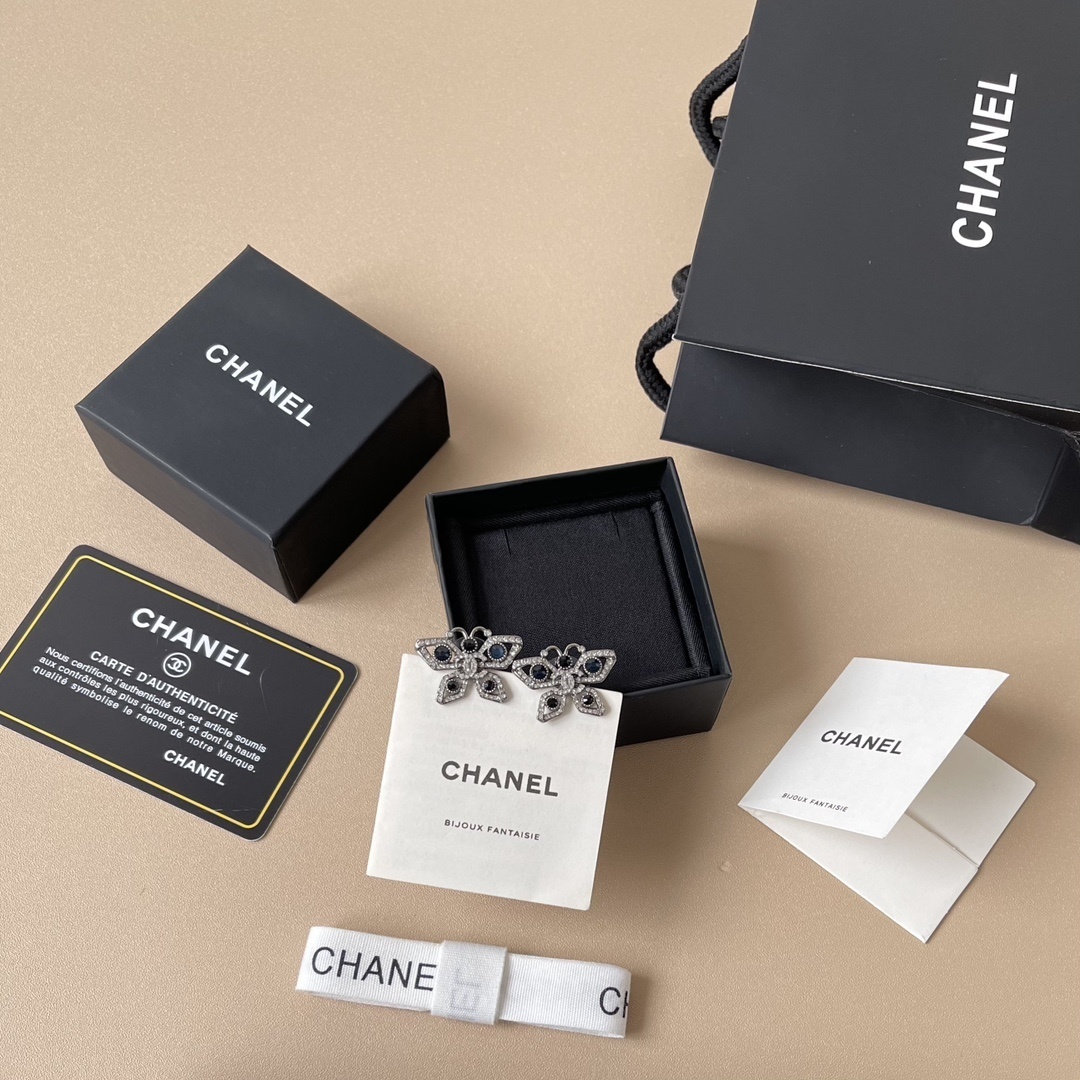 Chanel Butterfly CC Logo Earrings - Blue Crystal & Rhinestone Studs