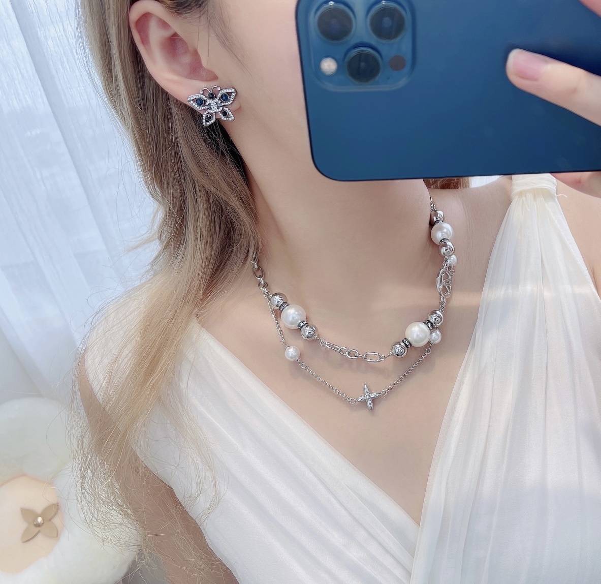 Chanel Butterfly CC Logo Earrings - Blue Crystal & Rhinestone Studs