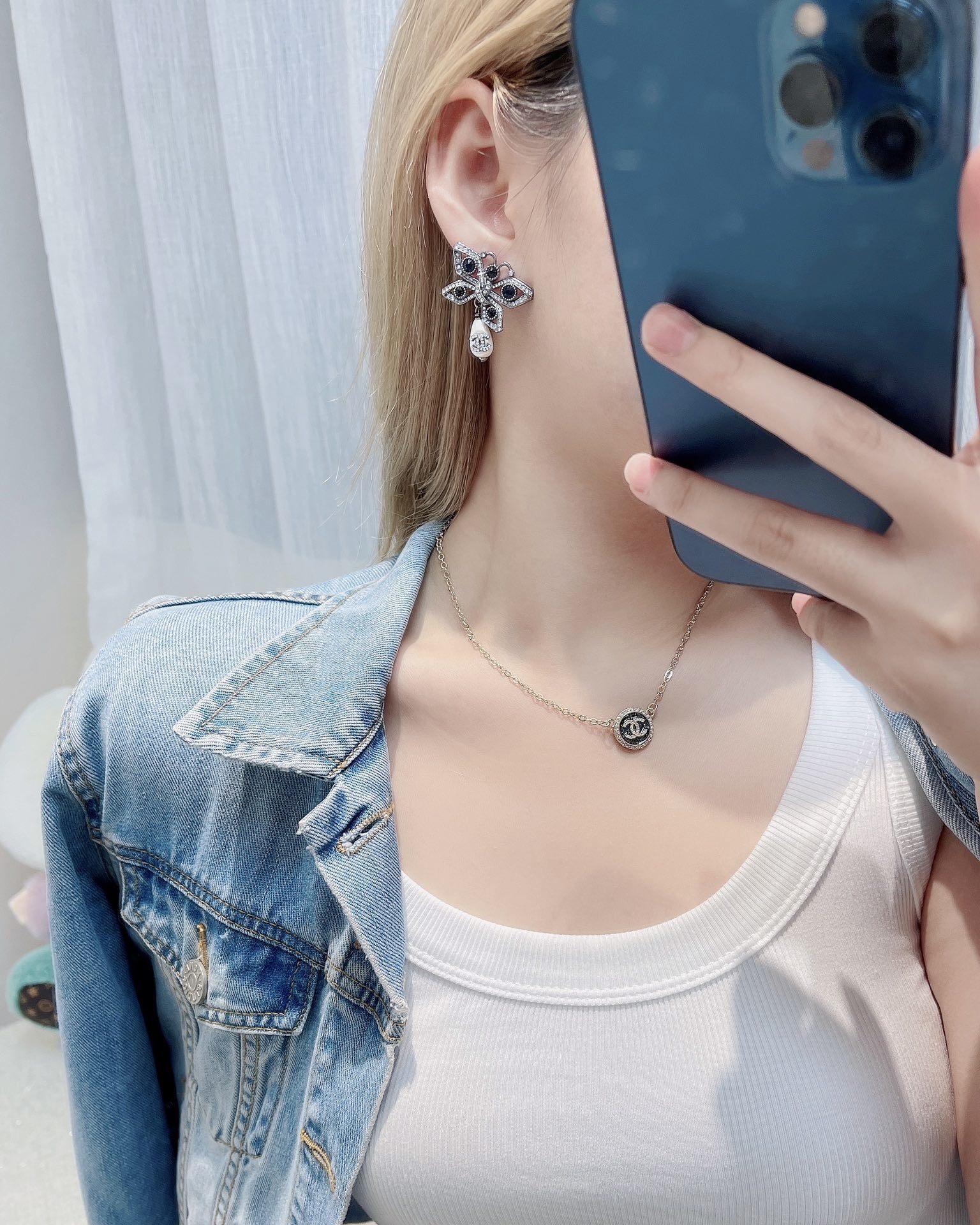 Chanel Crystal Butterfly Dangle Earrings with Pearl CC Logo