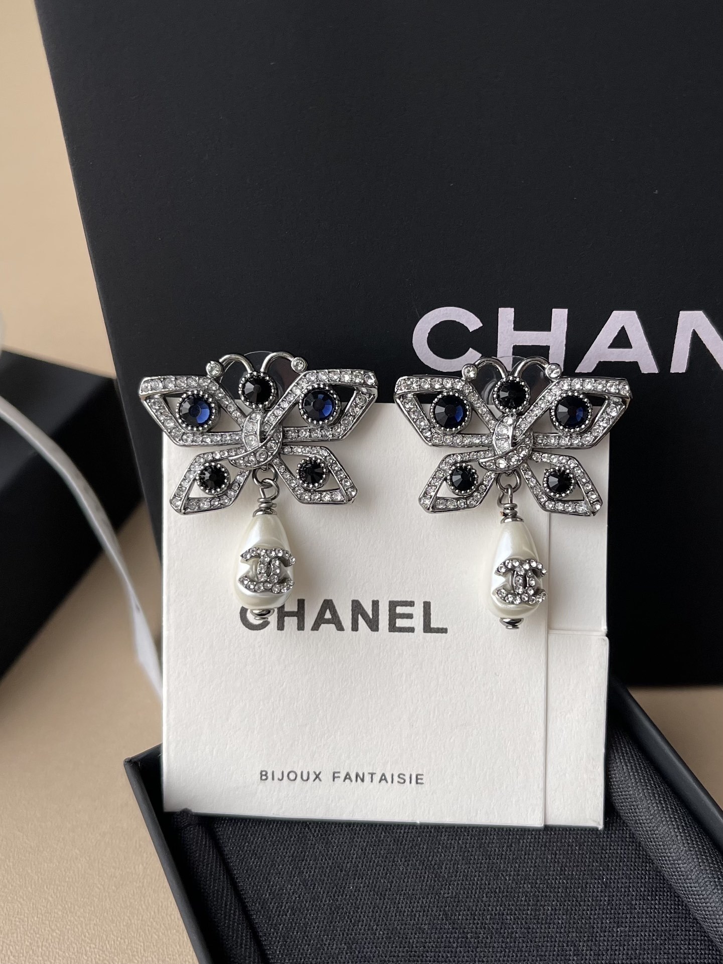 Chanel Crystal Butterfly Dangle Earrings with Pearl CC Logo