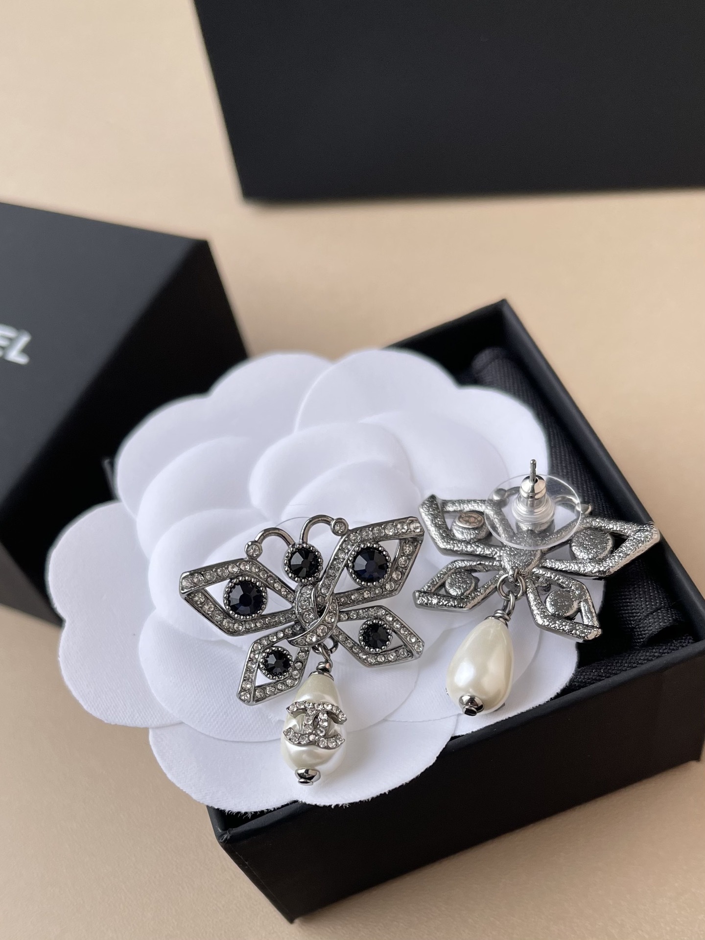 Chanel Crystal Butterfly Dangle Earrings with Pearl CC Logo