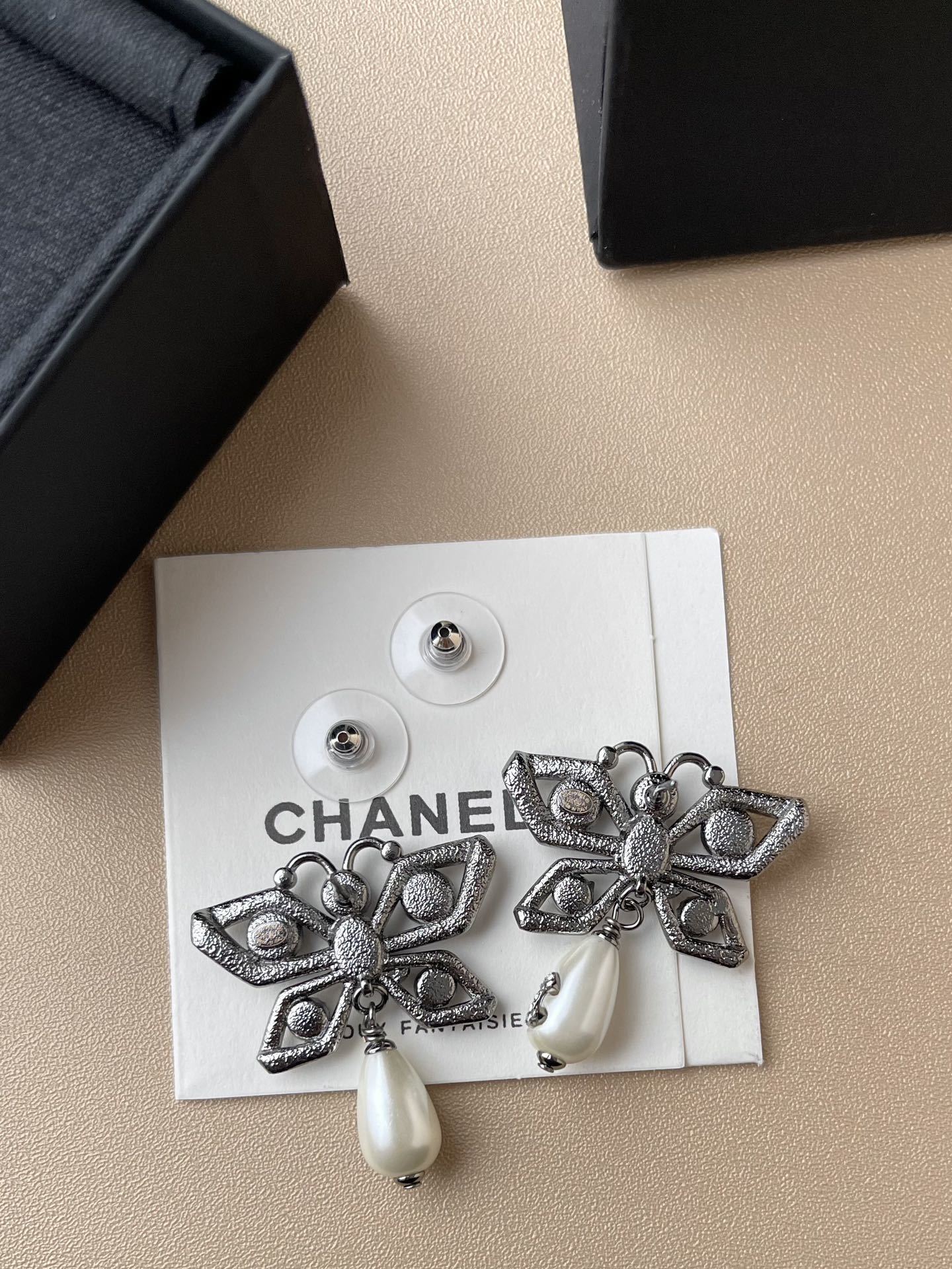 Chanel Crystal Butterfly Dangle Earrings with Pearl CC Logo