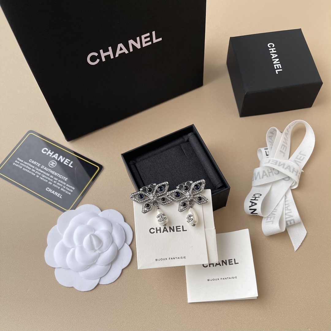 Chanel Crystal Butterfly Dangle Earrings with Pearl CC Logo
