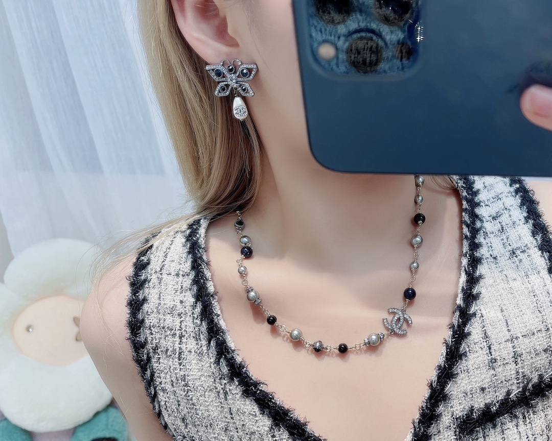 Chanel Crystal Butterfly Dangle Earrings with Pearl CC Logo