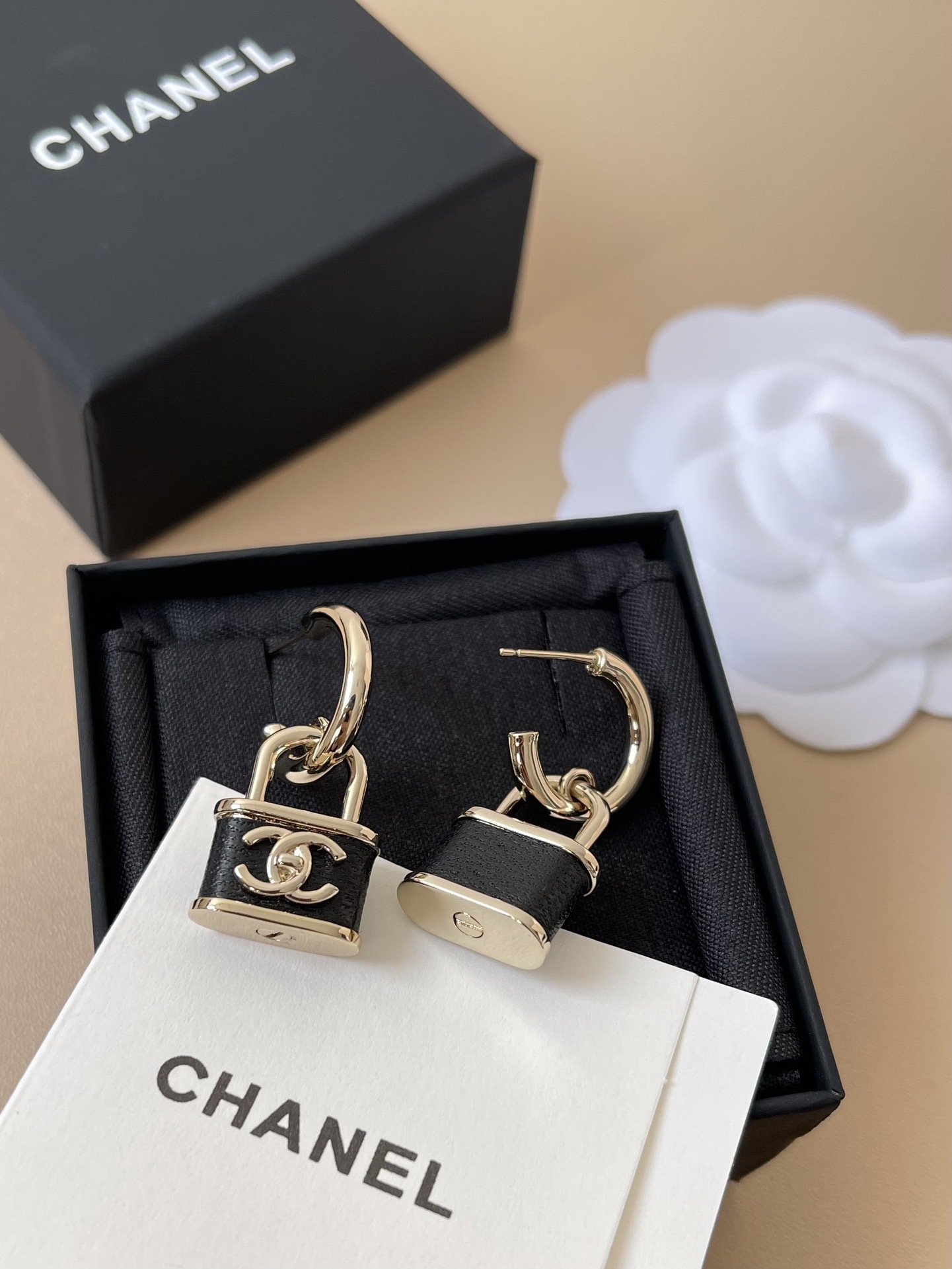 Luxury CC Logo Padlock Drop Earrings - Gold Tone & Black Enamel