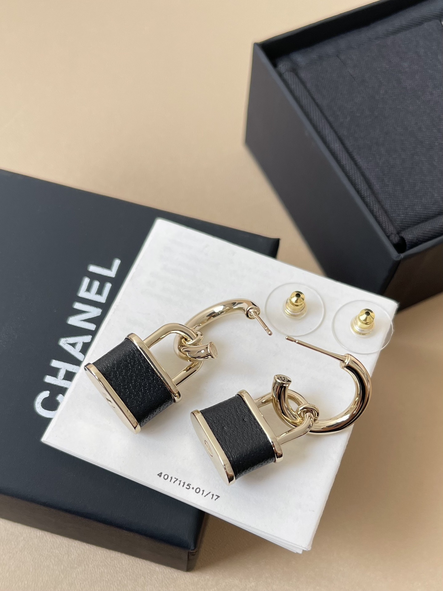 Luxury CC Logo Padlock Drop Earrings - Gold Tone & Black Enamel
