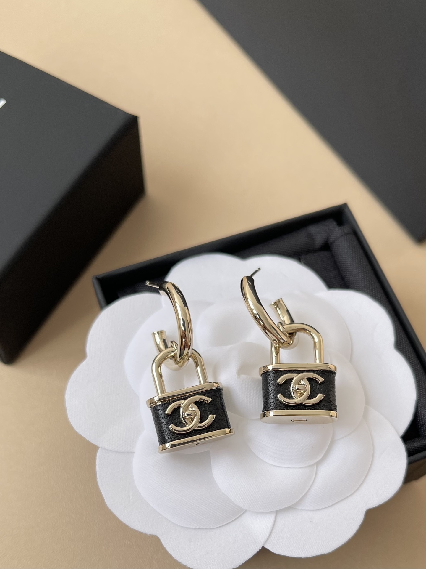 Luxury CC Logo Padlock Drop Earrings - Gold Tone & Black Enamel