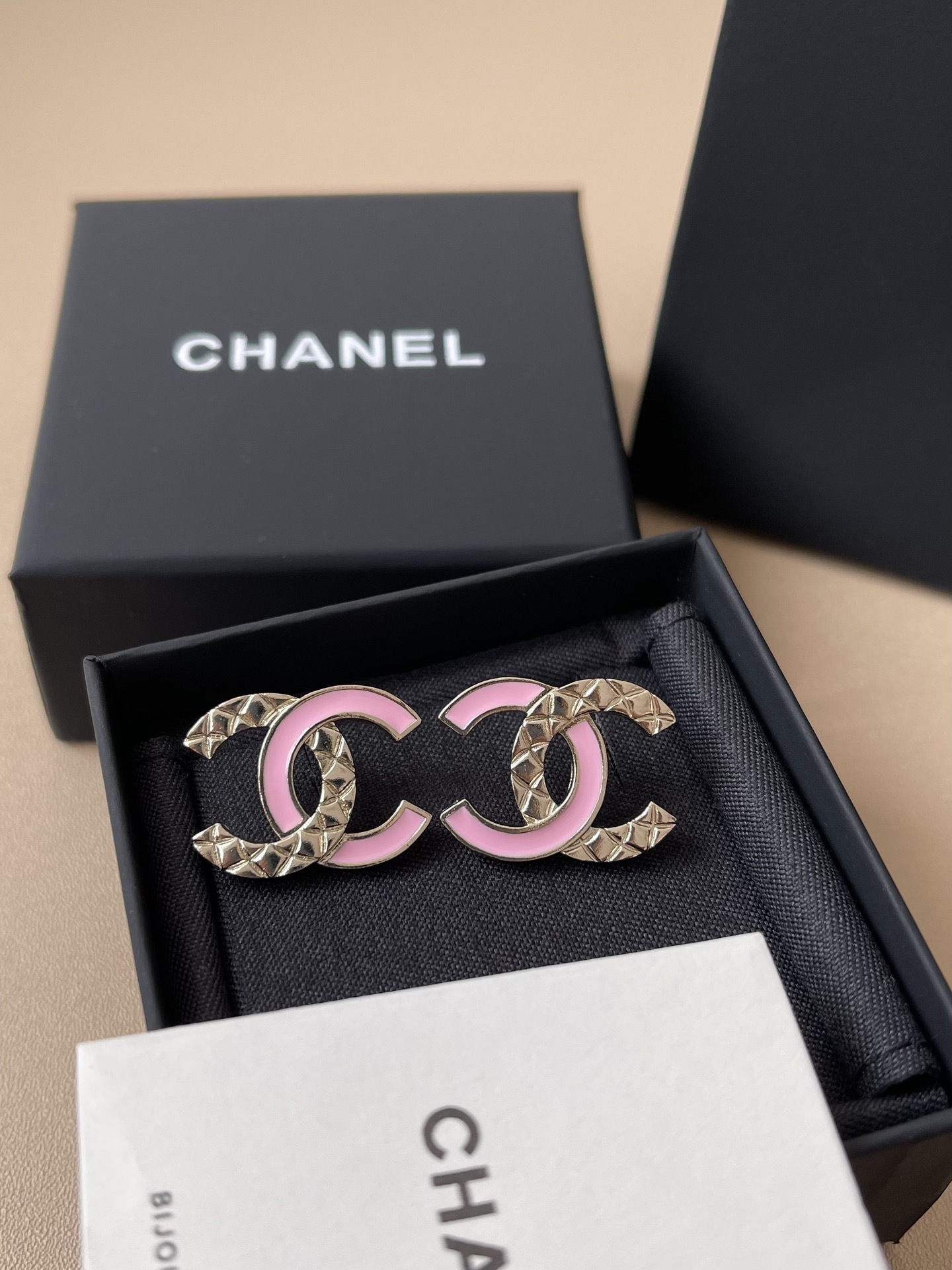 Chanel CC Quilted Logo Stud Earrings - Gold with Pink & Black Resin