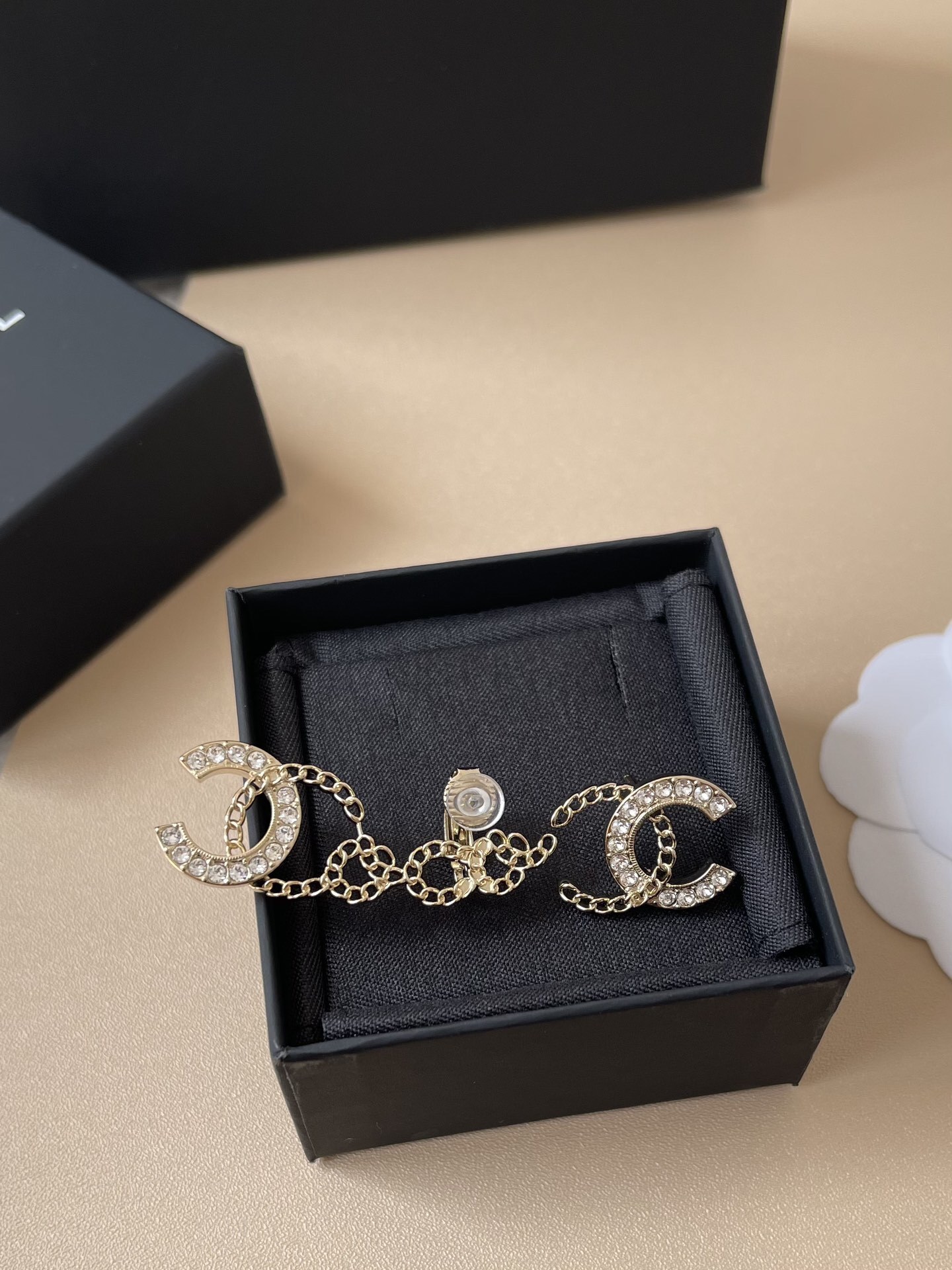 Elegant Gold Crystal Double C Logo Stud & Ear Climber Set