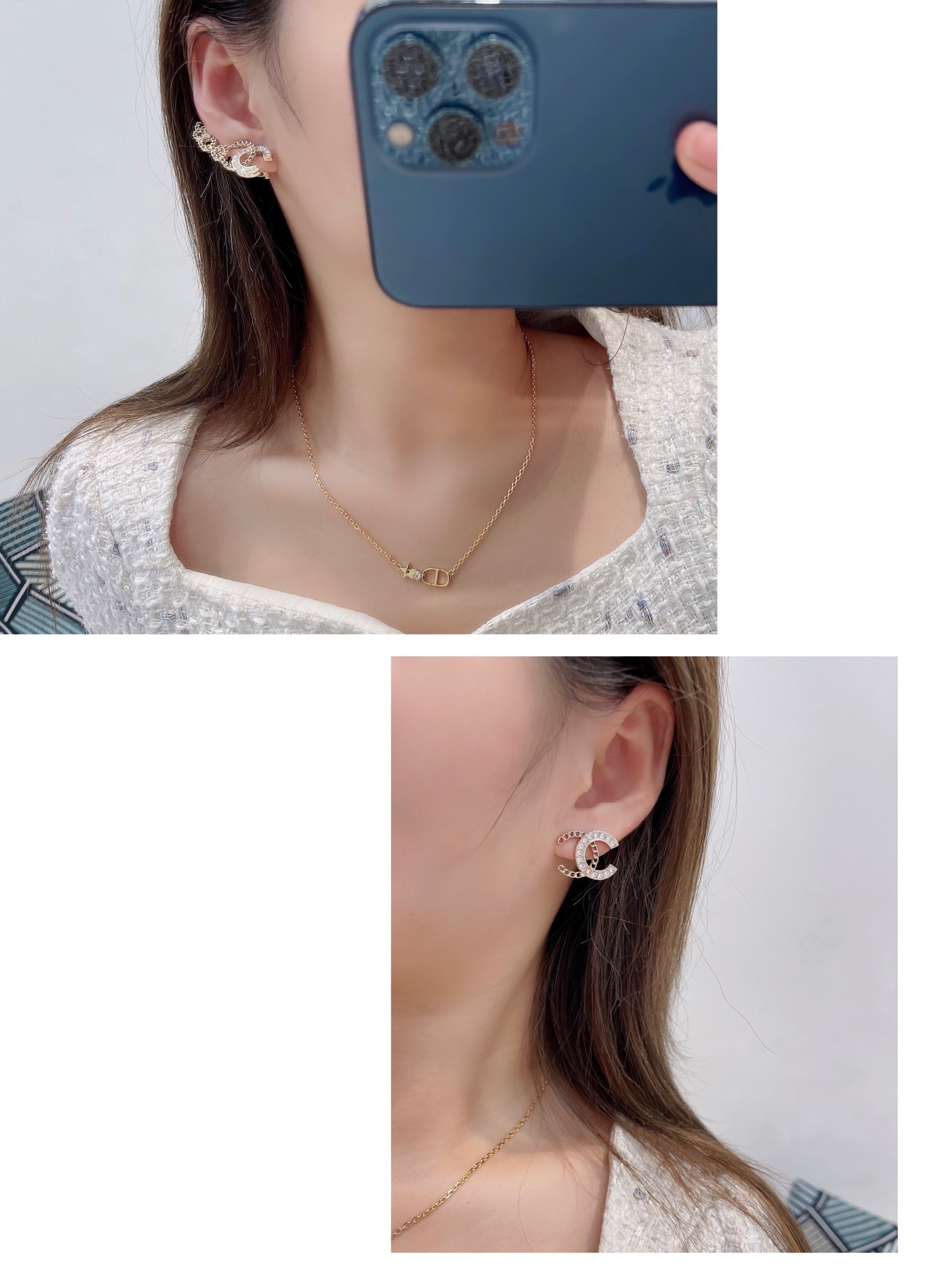 Elegant Gold Crystal Double C Logo Stud & Ear Climber Set