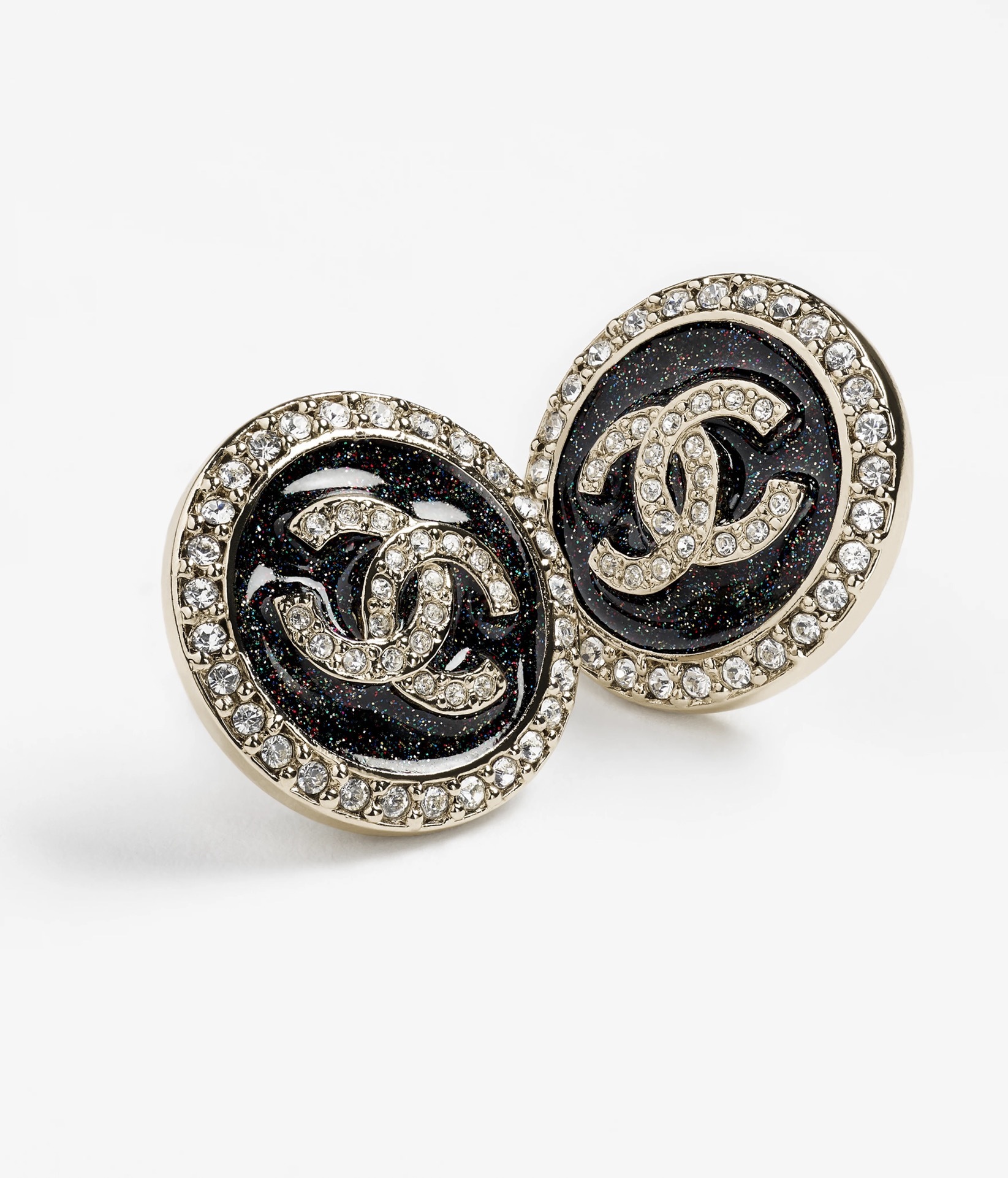 Chanel CC Logo Stud Earrings - Black Resin & Strass Gold-Tone