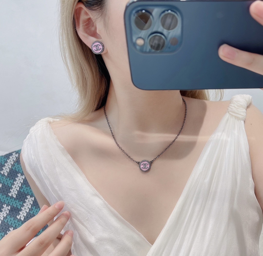 Elegant Pink Enamel & Crystal CC Logo Stud Earrings for Women