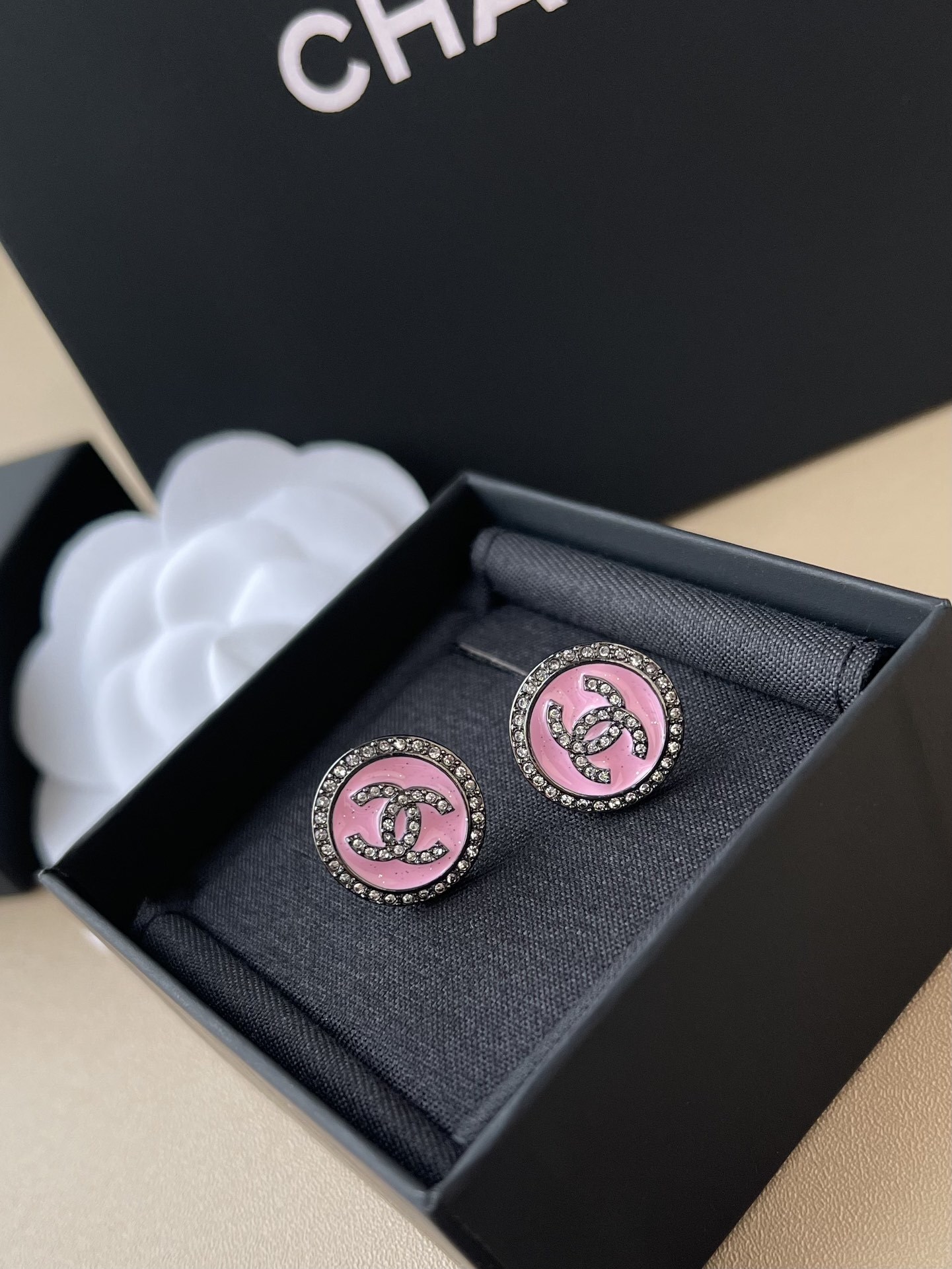 Elegant Pink Enamel & Crystal CC Logo Stud Earrings for Women