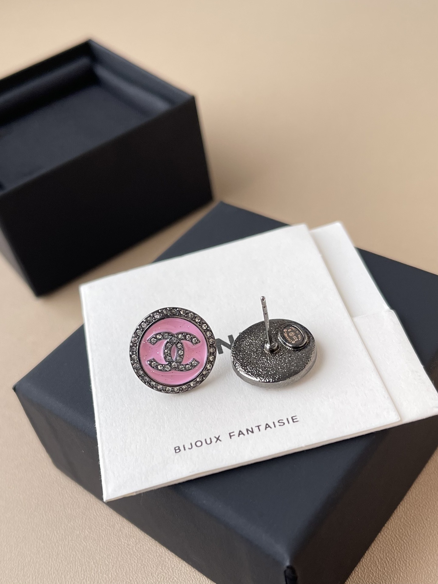 Elegant Pink Enamel & Crystal CC Logo Stud Earrings for Women