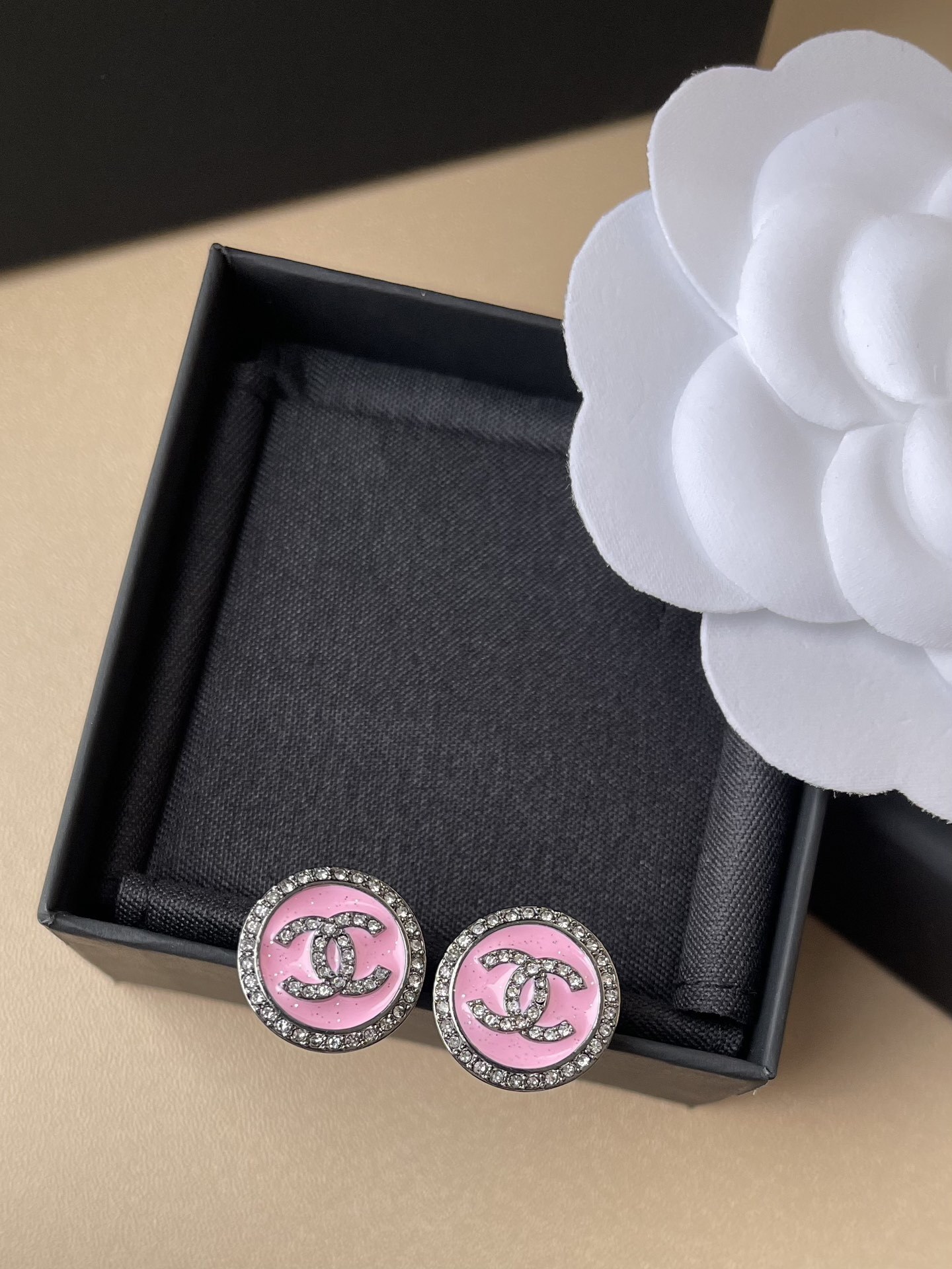 Elegant Pink Enamel & Crystal CC Logo Stud Earrings for Women