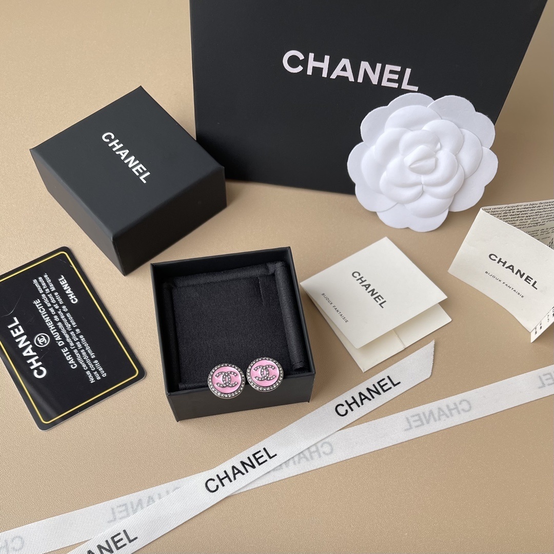 Elegant Pink Enamel & Crystal CC Logo Stud Earrings for Women