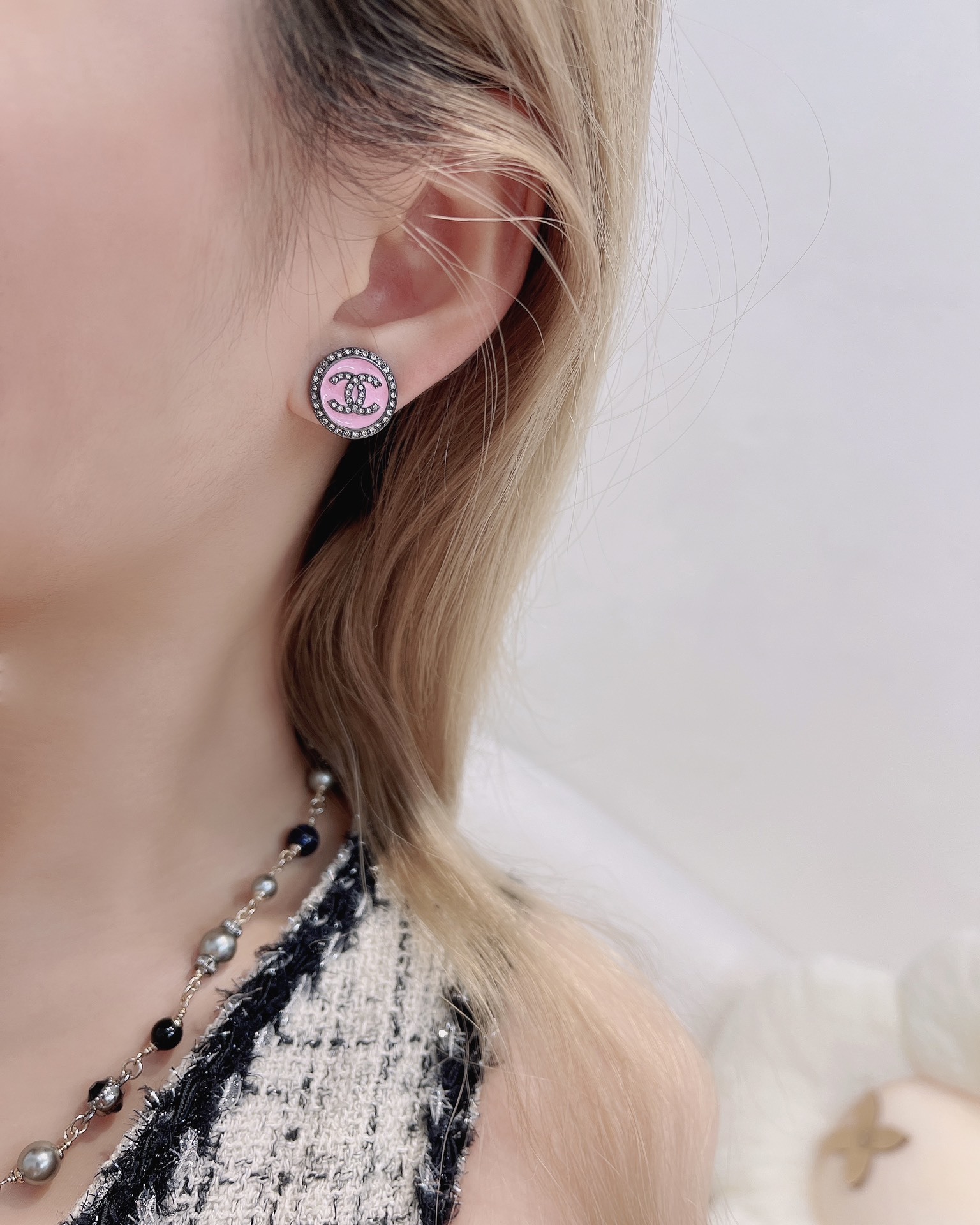 Elegant Pink Enamel & Crystal CC Logo Stud Earrings for Women