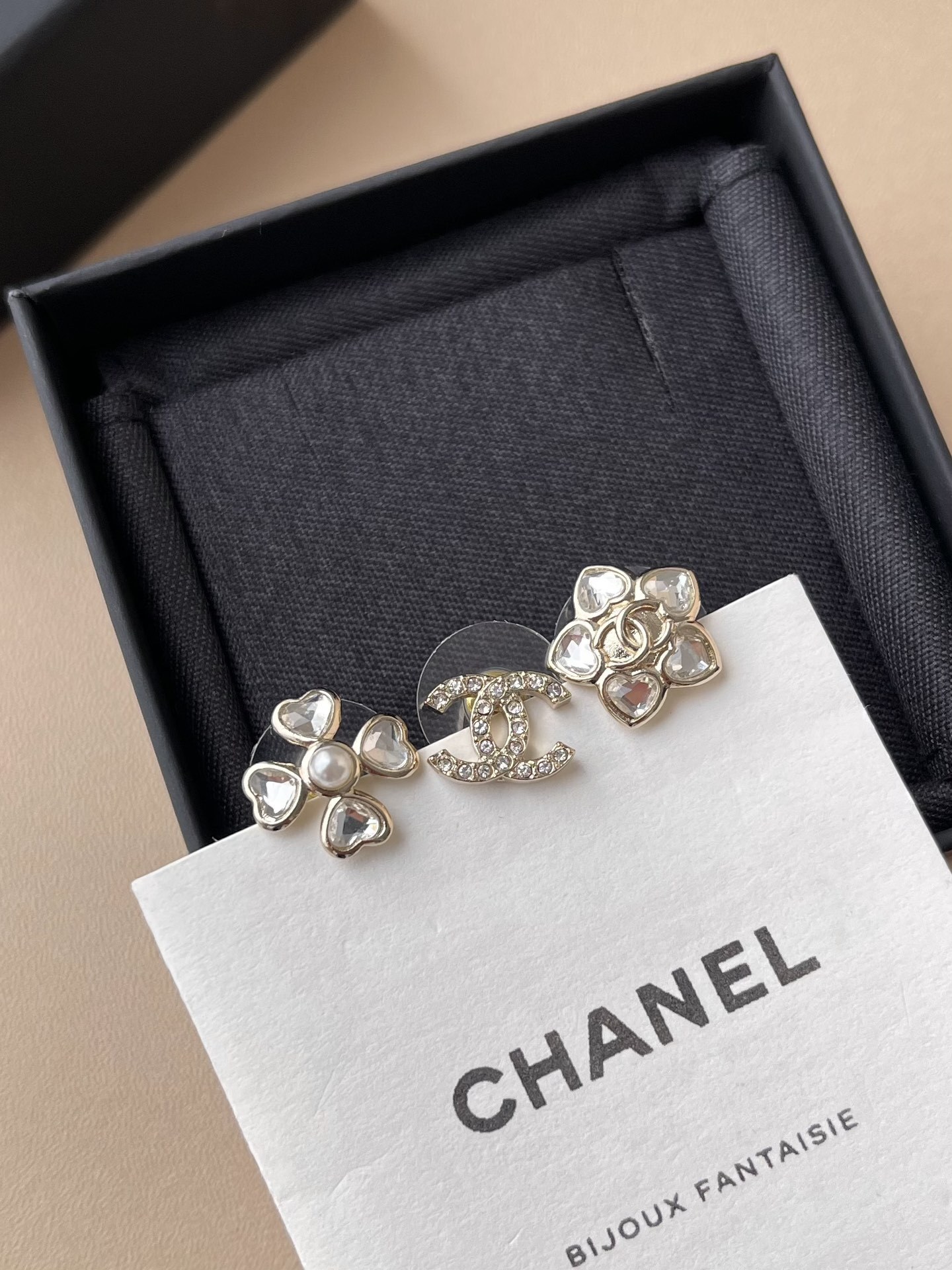 Chanel Gold Crystal & Pearl CC Logo Stud Earrings Set (3 Pieces)