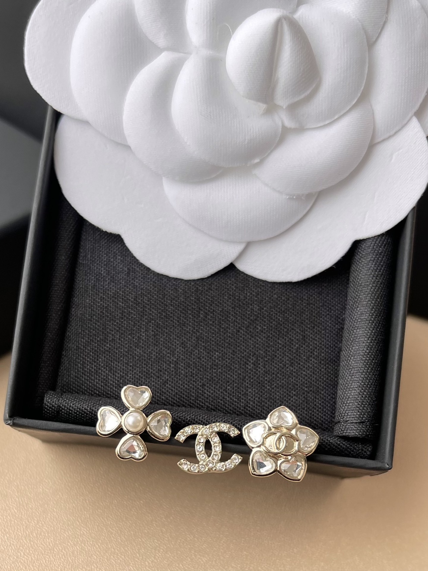 Chanel Gold Crystal & Pearl CC Logo Stud Earrings Set (3 Pieces)