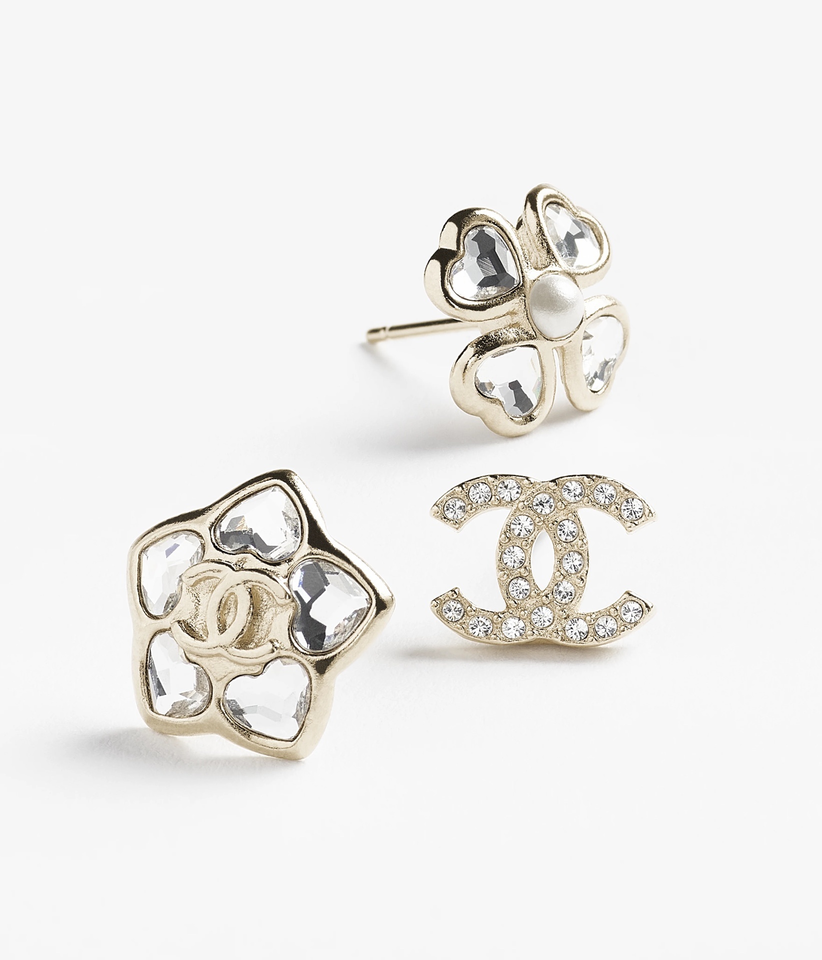 Chanel Gold Crystal & Pearl CC Logo Stud Earrings Set (3 Pieces)