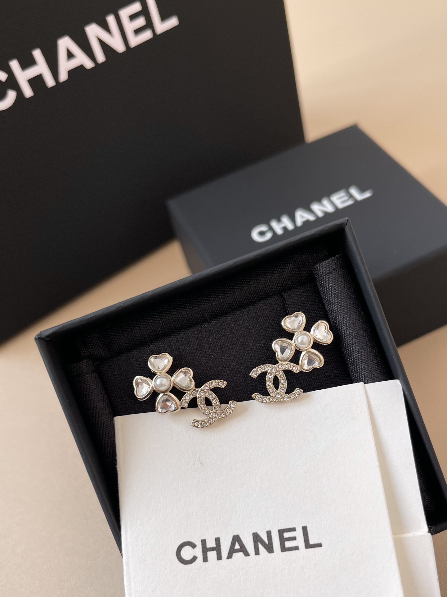 Chanel Clover Double C Crystal Pearl Stud Earrings - Luxury Jewelry
