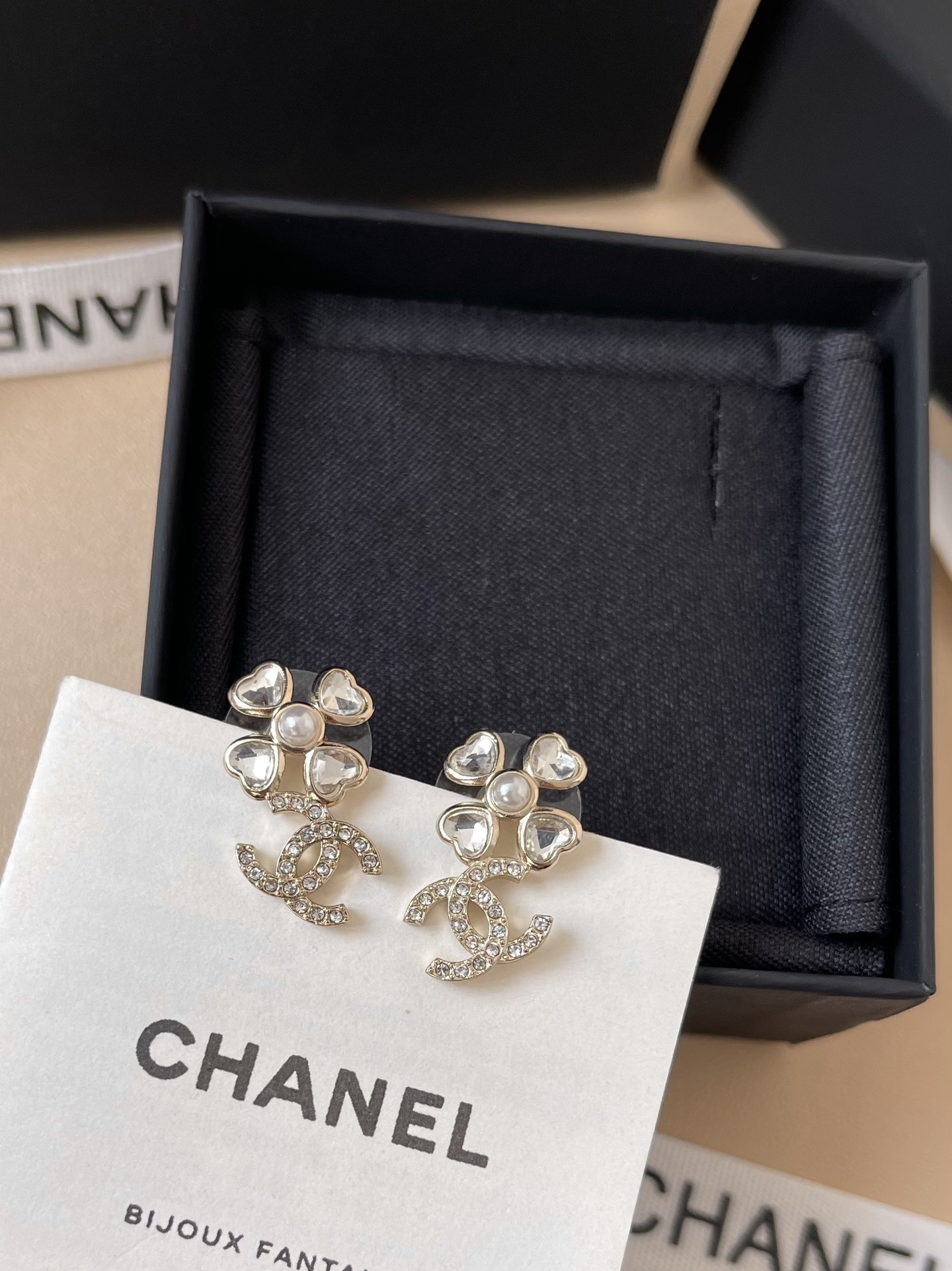 Chanel Clover Double C Crystal Pearl Stud Earrings - Luxury Jewelry