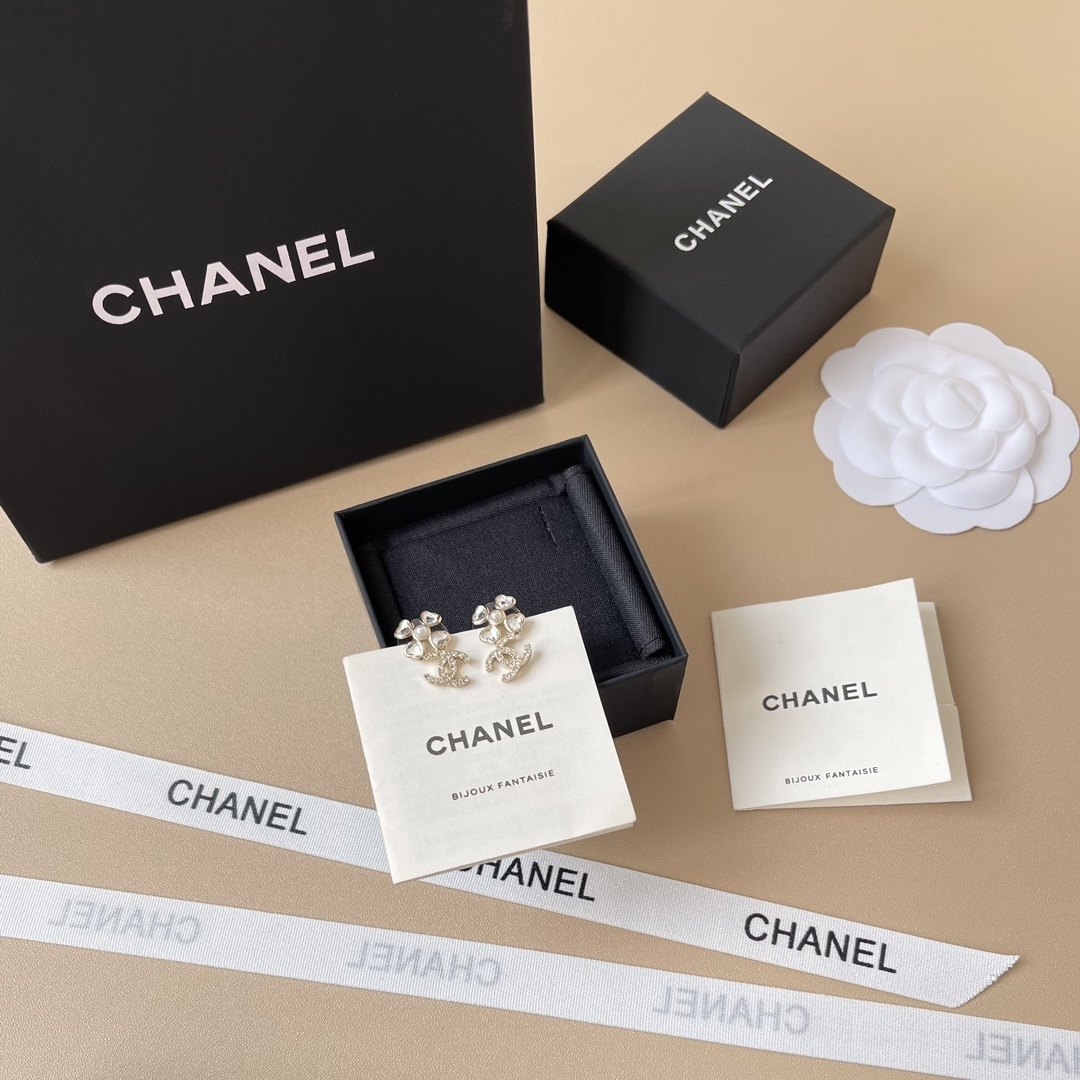 Chanel Clover Double C Crystal Pearl Stud Earrings - Luxury Jewelry