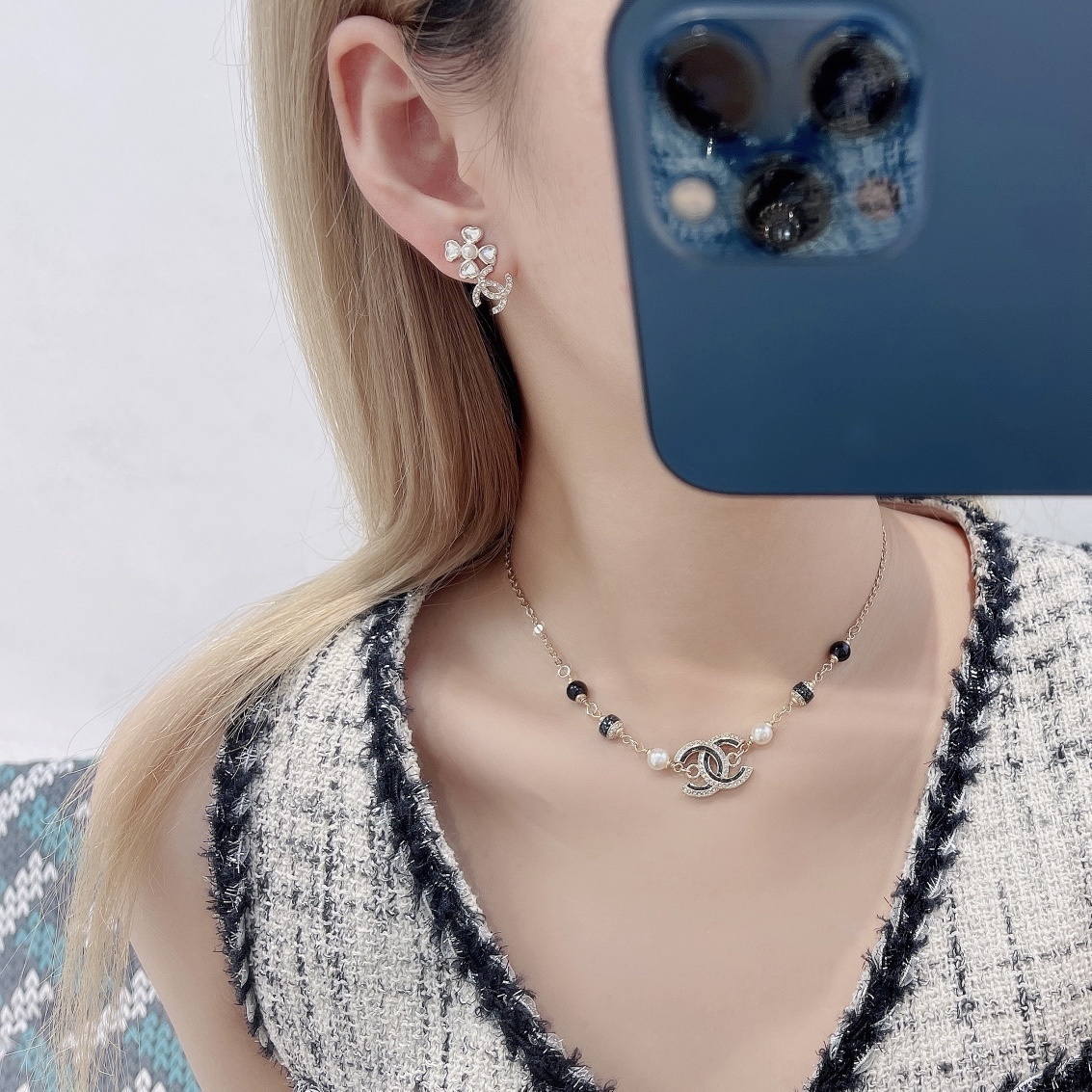 Chanel Clover Double C Crystal Pearl Stud Earrings - Luxury Jewelry