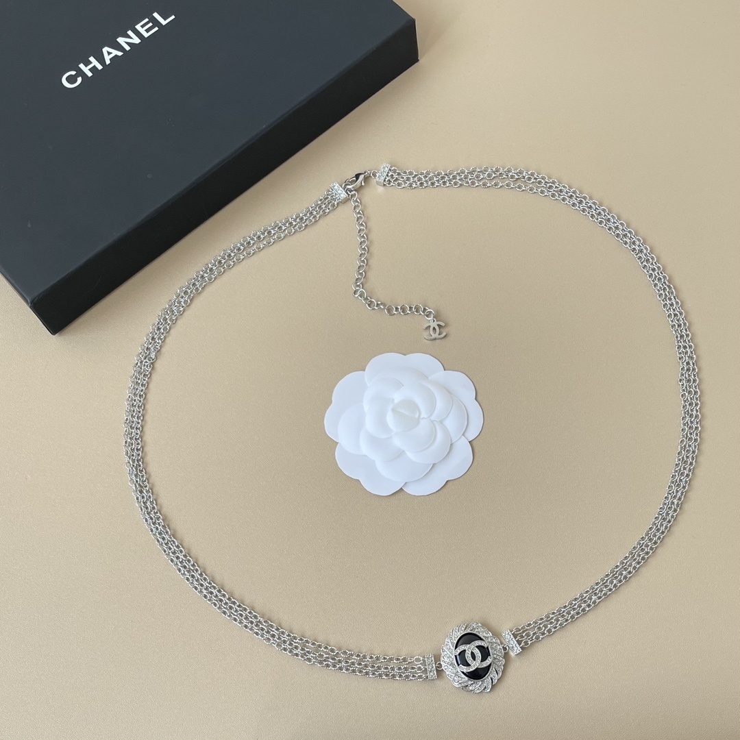 Luxury Silver Crystal Logo Multi-Chain Necklace & Waist Belt