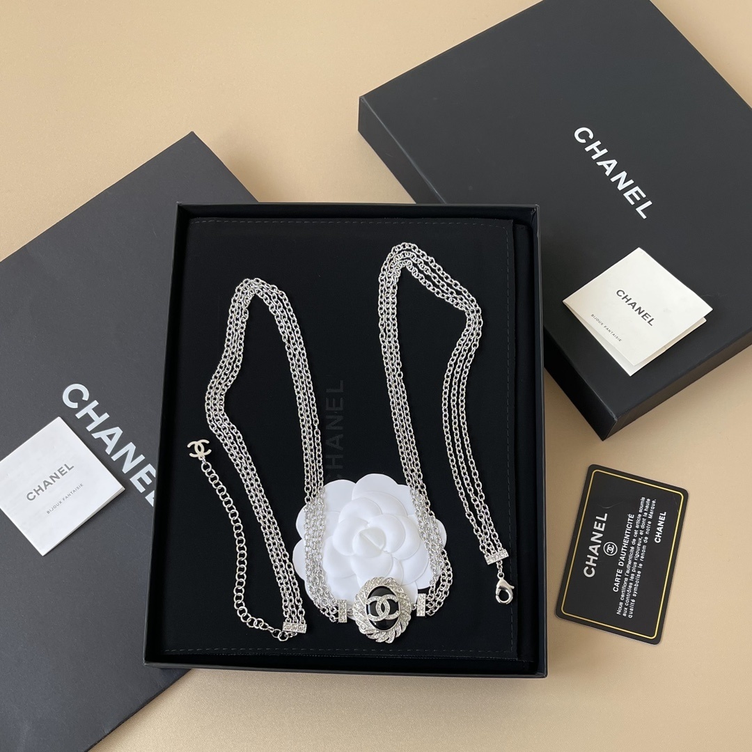 Luxury Silver Crystal Logo Multi-Chain Necklace & Waist Belt