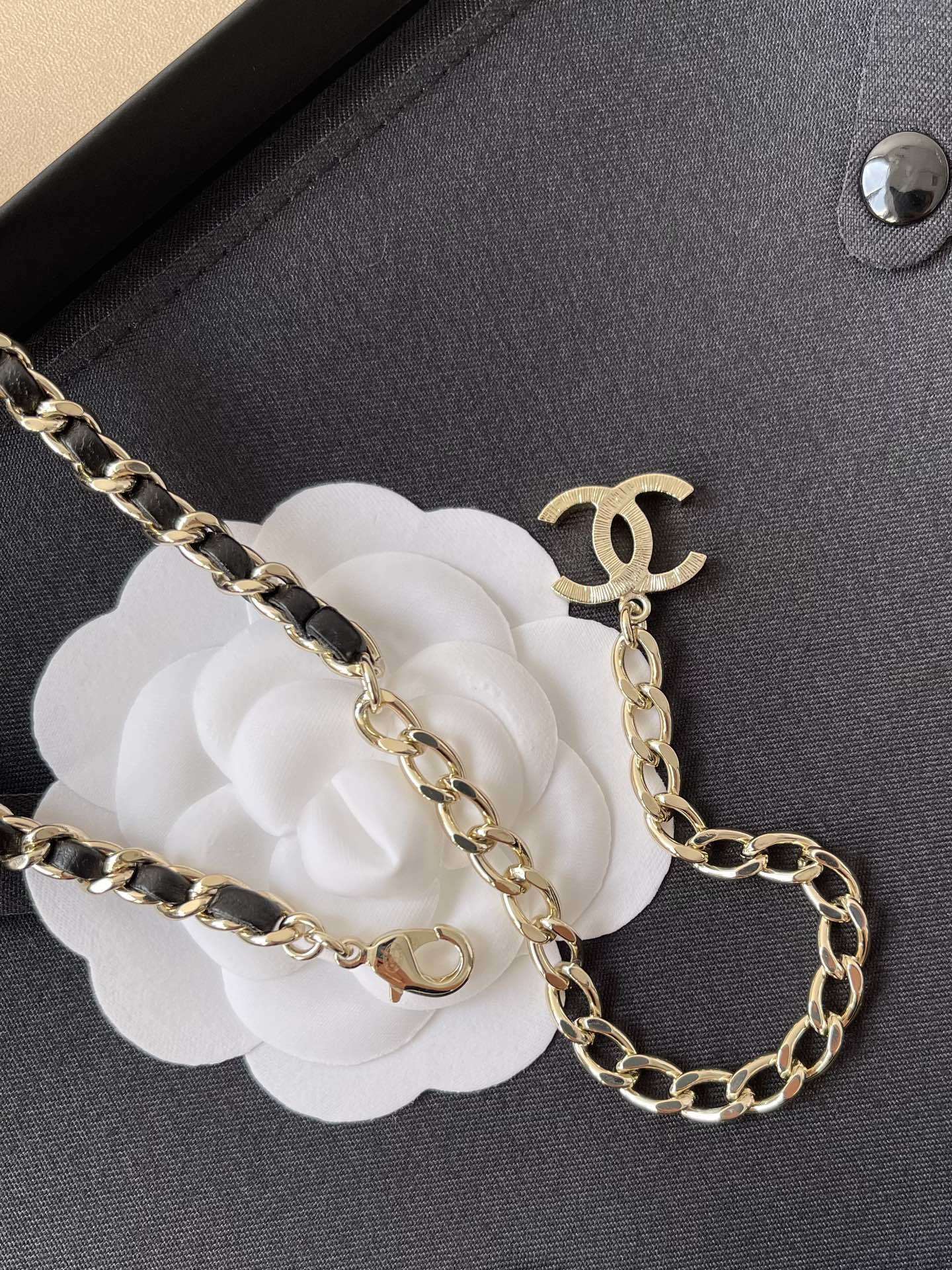 Chanel Gold-Tone & Black Calfskin Chain Belt with Pearl Charms