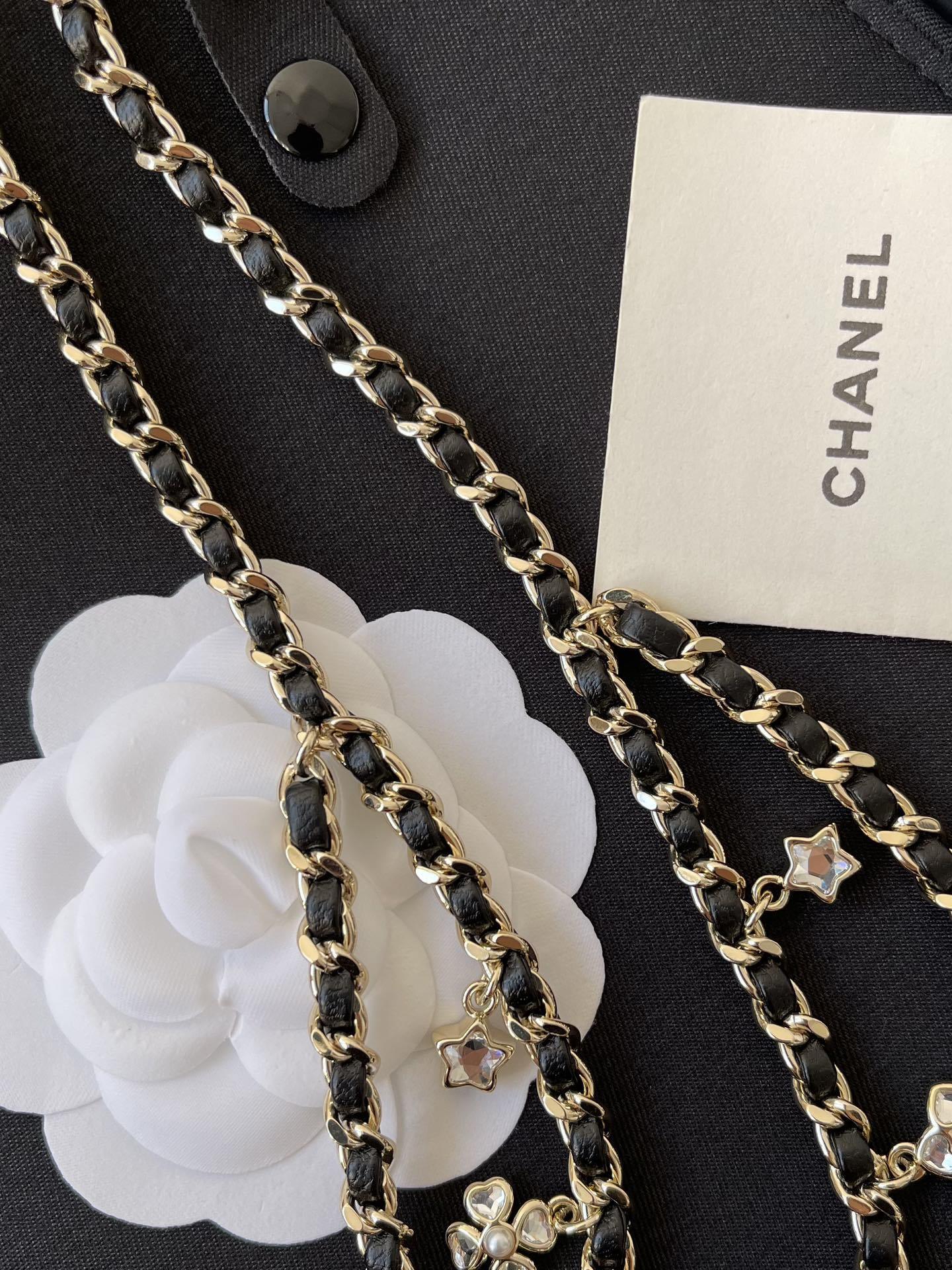 Chanel Gold-Tone & Black Calfskin Chain Belt with Pearl Charms