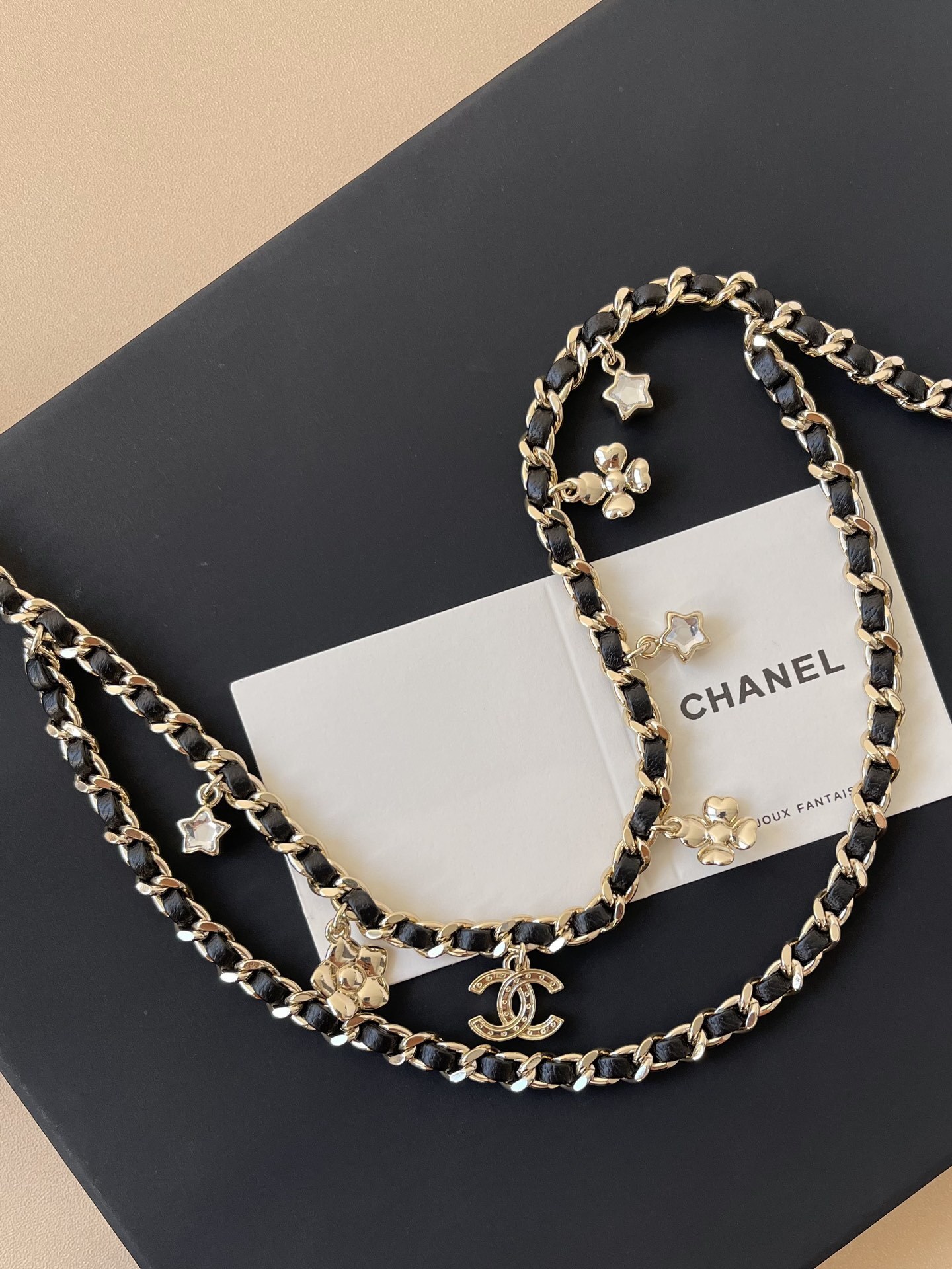 Chanel Gold-Tone & Black Calfskin Chain Belt with Pearl Charms