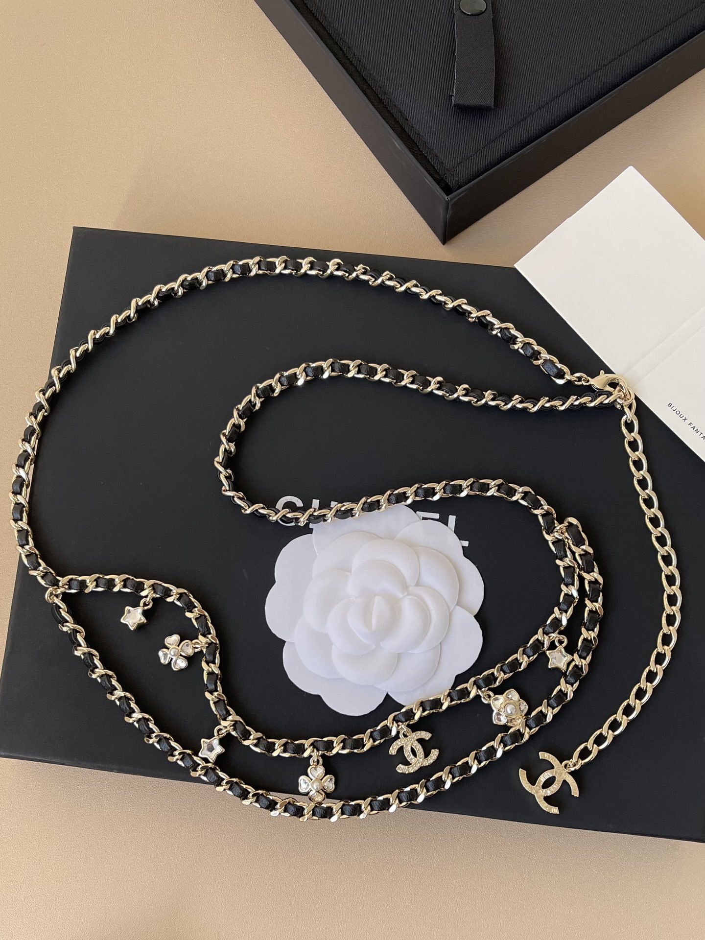 Chanel Gold-Tone & Black Calfskin Chain Belt with Pearl Charms