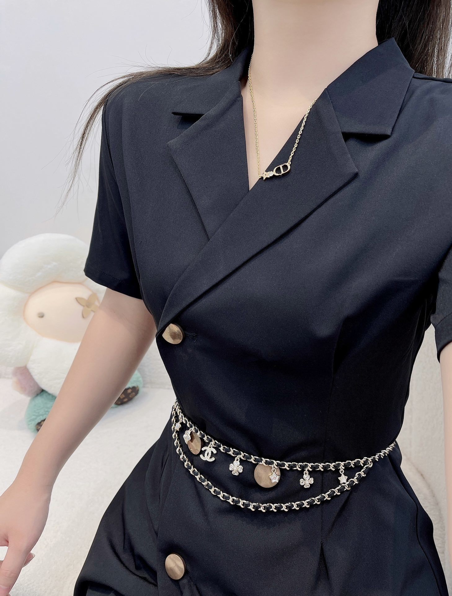 Chanel Gold-Tone & Black Calfskin Chain Belt with Pearl Charms