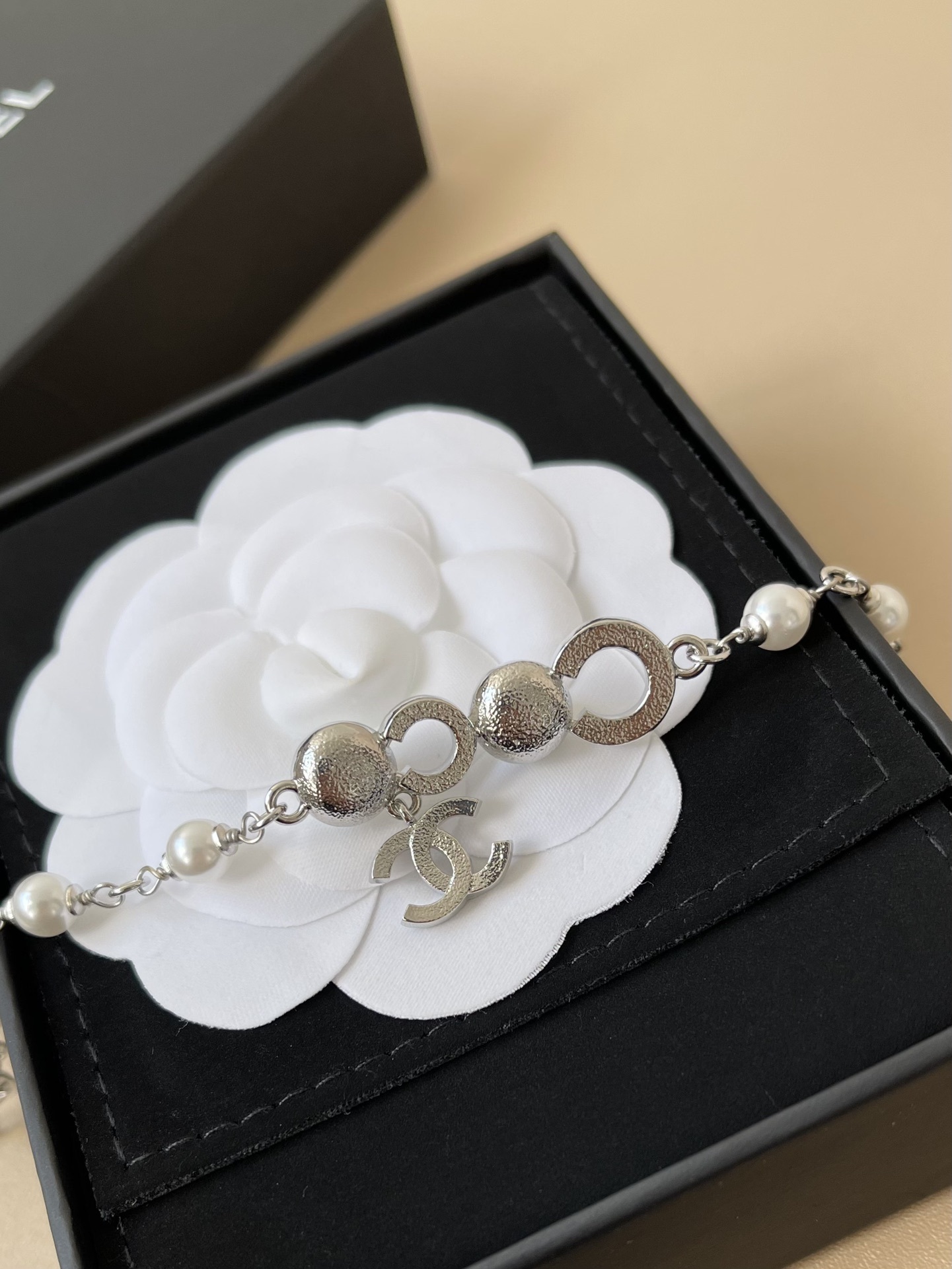 Chanel CC Logo Pearl Bracelet - Silver Metal & Crystal - 2025 Edition